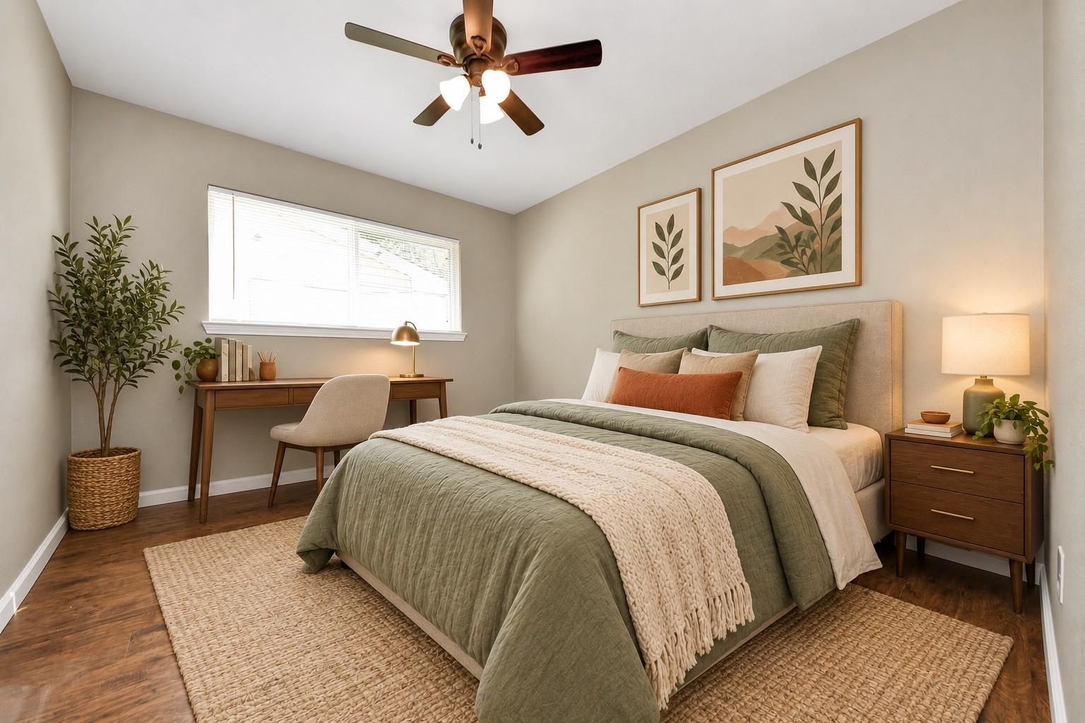 Bedroom with sage-green bedding, a desk beneath the window, and woven rugs on a hardwood floor.