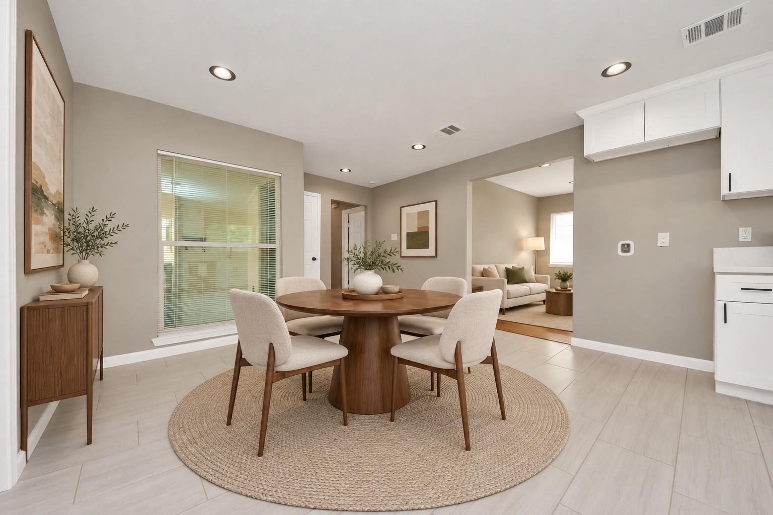 Dining area with a round wood table, upholstered chairs, and an adjoining living room.