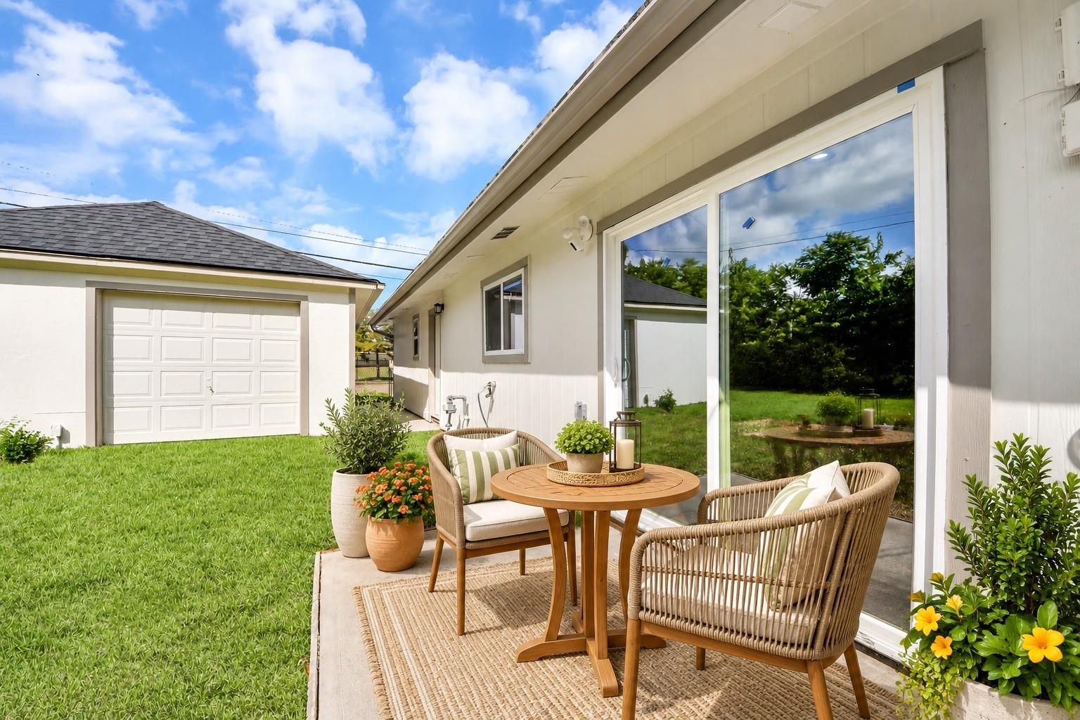 Backyard patio with wicker seating, a round table, sliding glass doors, and detached garage.