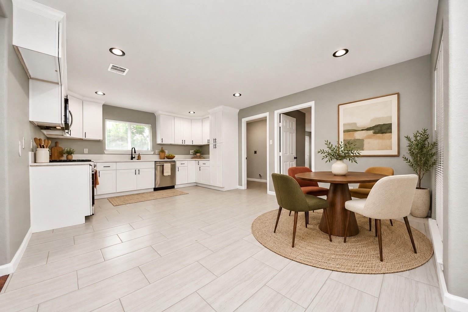 Open-plan kitchen and dining area with white cabinets and a round wooden table on a woven rug.