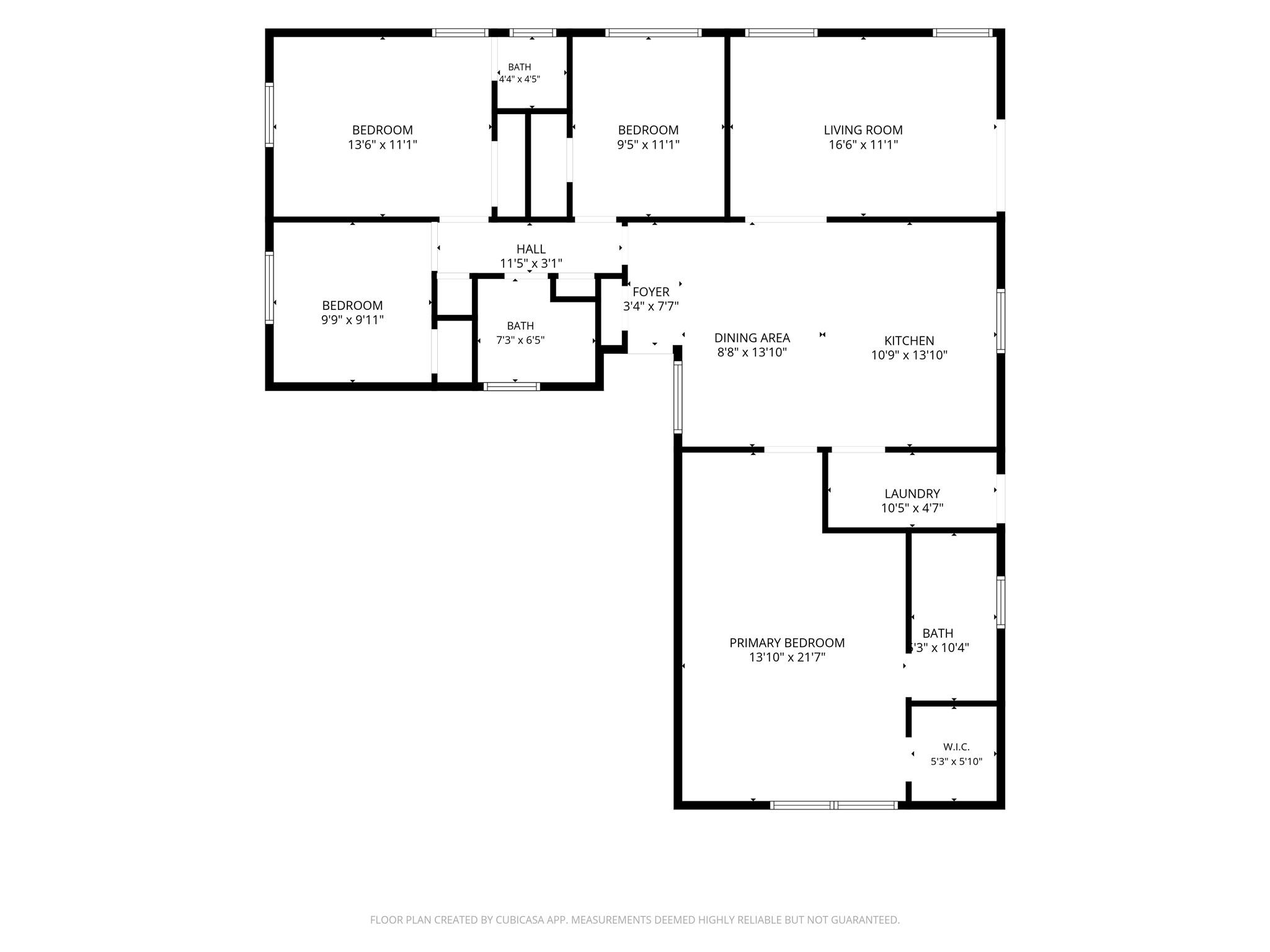 Floor plan showing four bedrooms, three bathrooms, and the home’s living, dining, and kitchen areas.