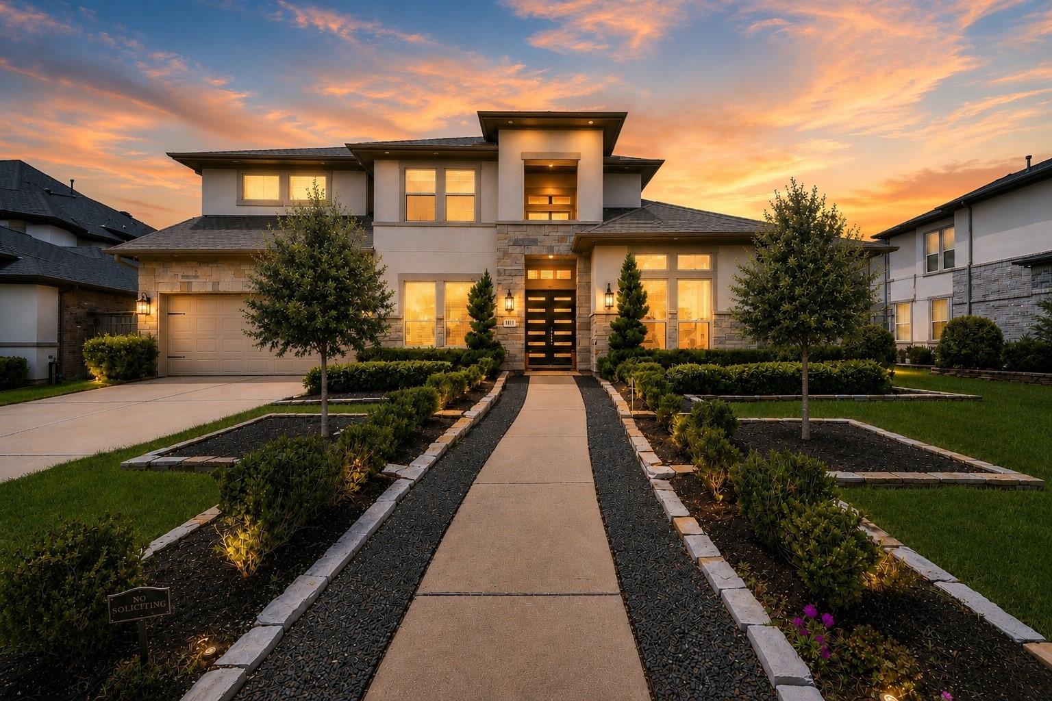 Two-story modern home with a stone facade and landscaped walkway at sunset.