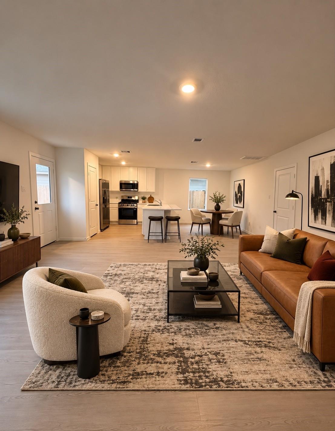 Open-plan living room and kitchen with white cabinetry, a bar island, and a brown leather sofa.