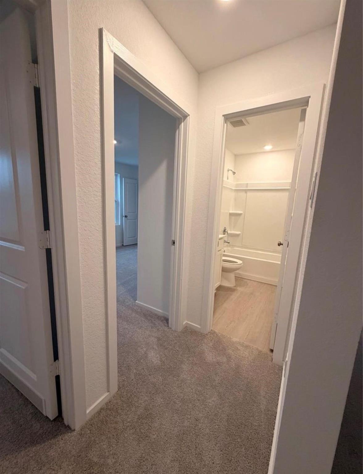 Carpeted hallway leading to a bathroom with a tub and toilet, with an adjoining room visible.