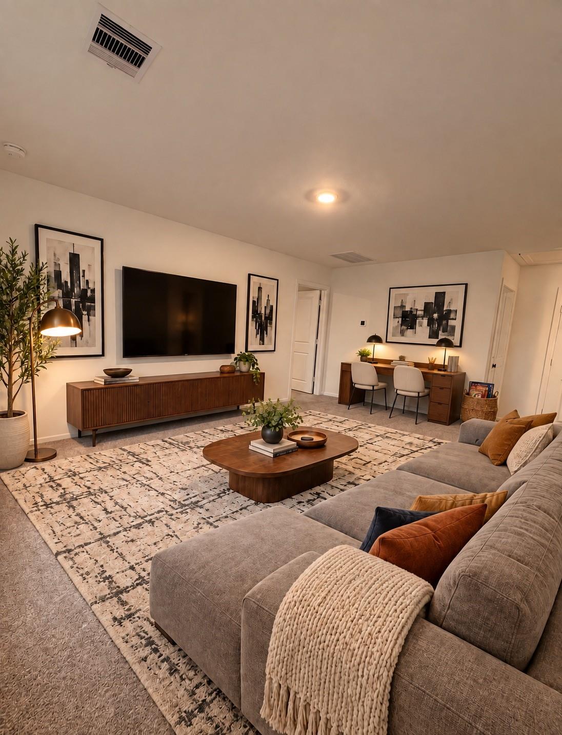 Staged living room with a gray sectional, patterned rug, wooden coffee table, and wall-mounted television.