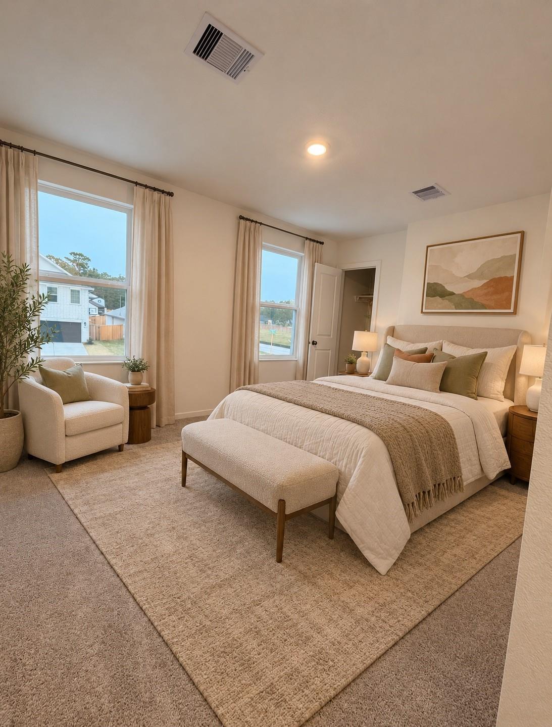 Staged bedroom with a neutral upholstered bed, foot-of-bed bench, and tall windows.