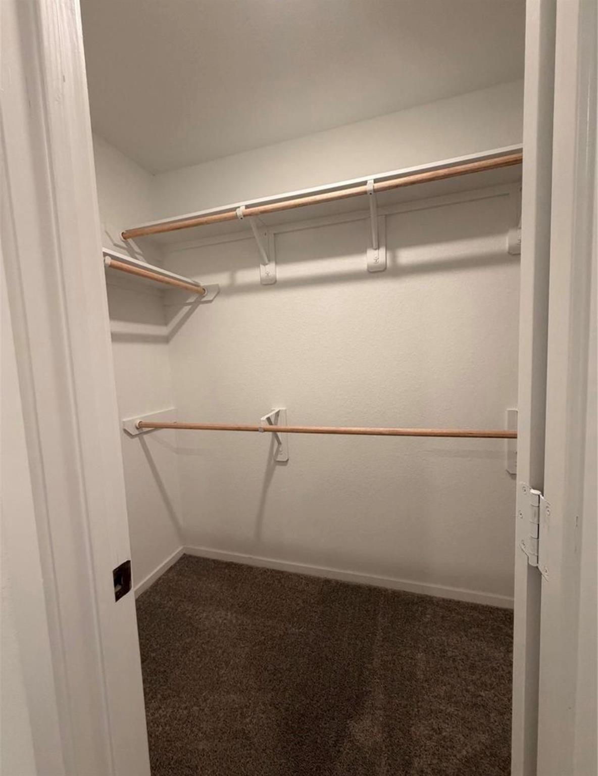 Empty walk-in closet with brown carpet and wooden hanging rods along three walls.