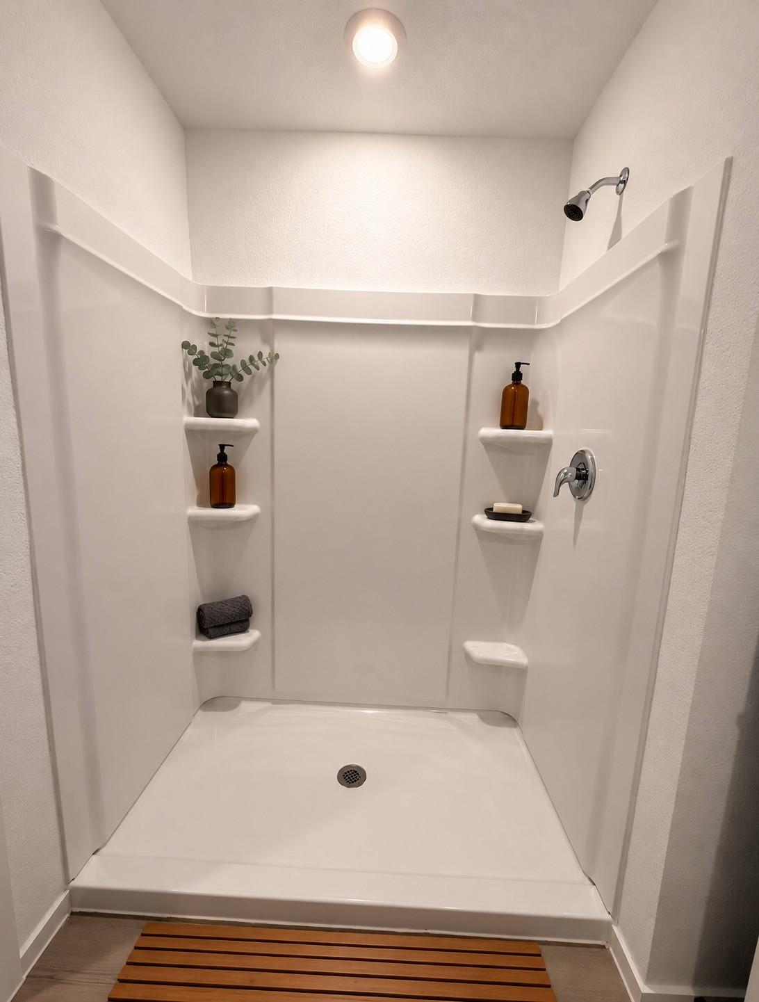 White walk-in shower with molded corner shelves, chrome fixtures, and a slatted wooden mat.