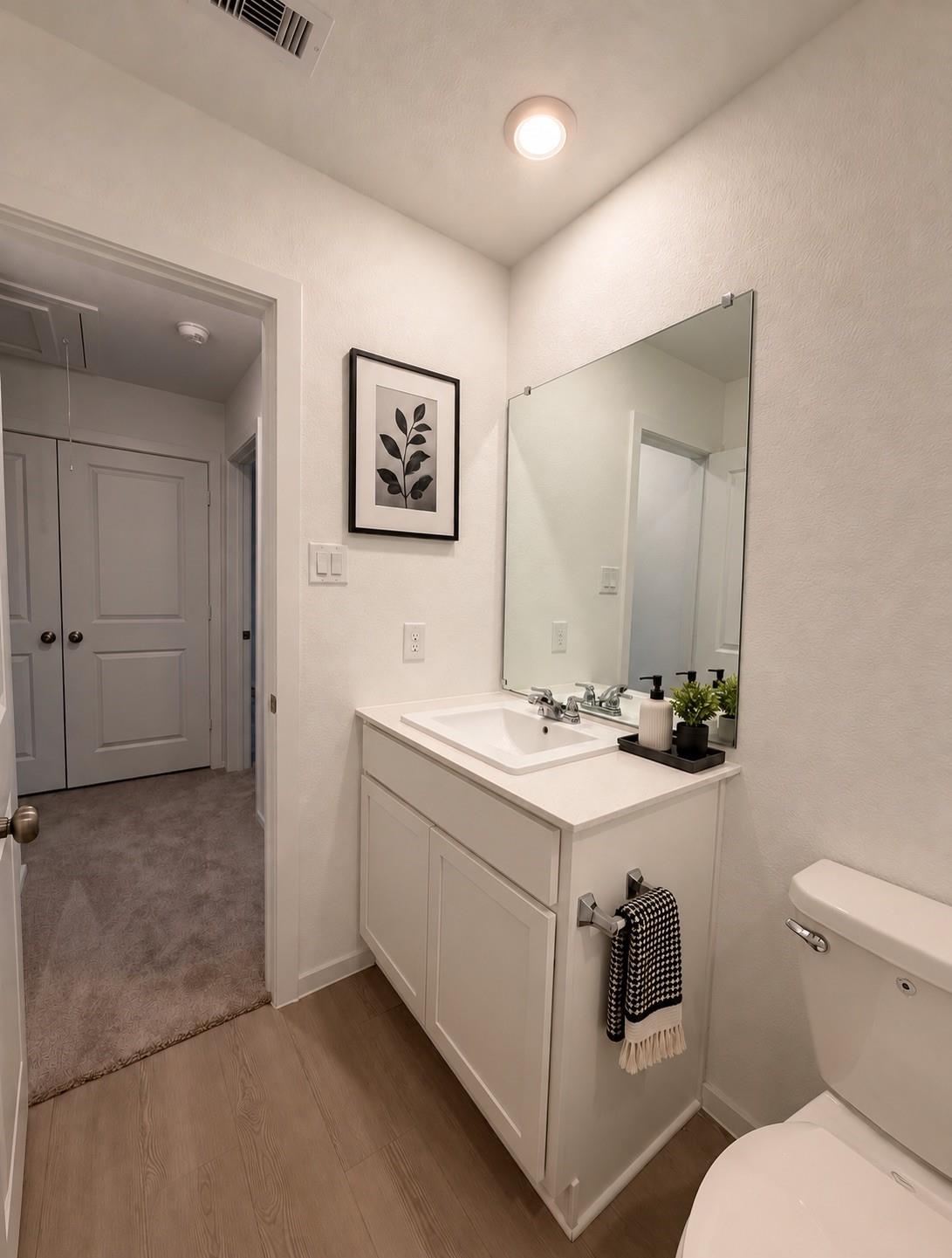 Bathroom with a white vanity, large mirror, toilet, and doorway to a carpeted hall.