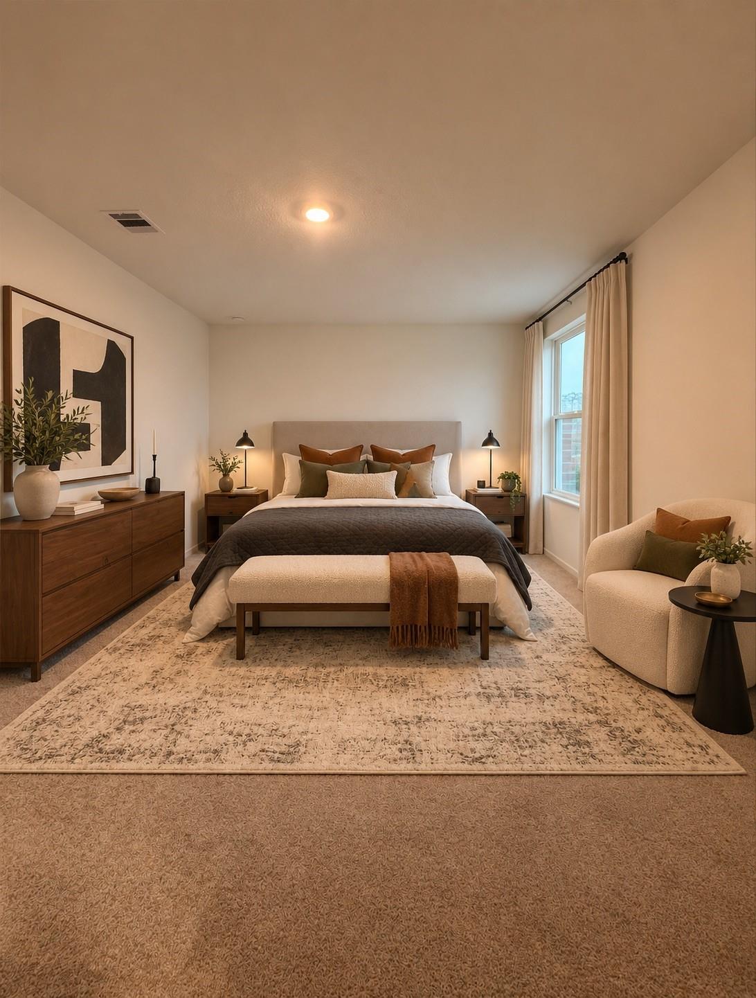 Staged bedroom with a centered bed, upholstered bench, wood furniture, and a curtained window.