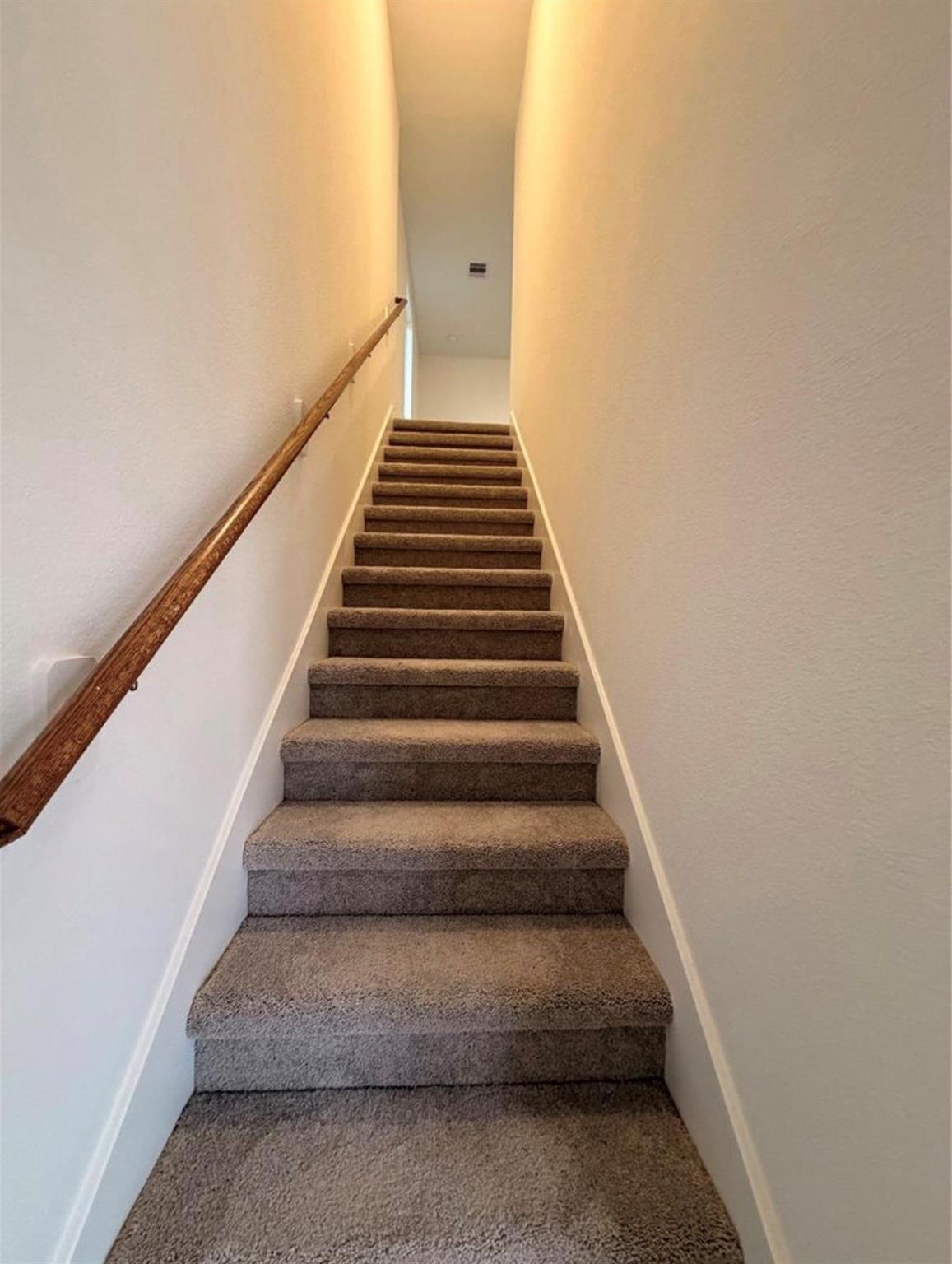 Carpeted staircase with a wooden handrail and white walls.