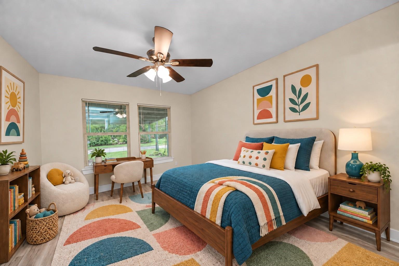 Staged bedroom with teal bedding, colorful pillows, and a curved multicolor rug.