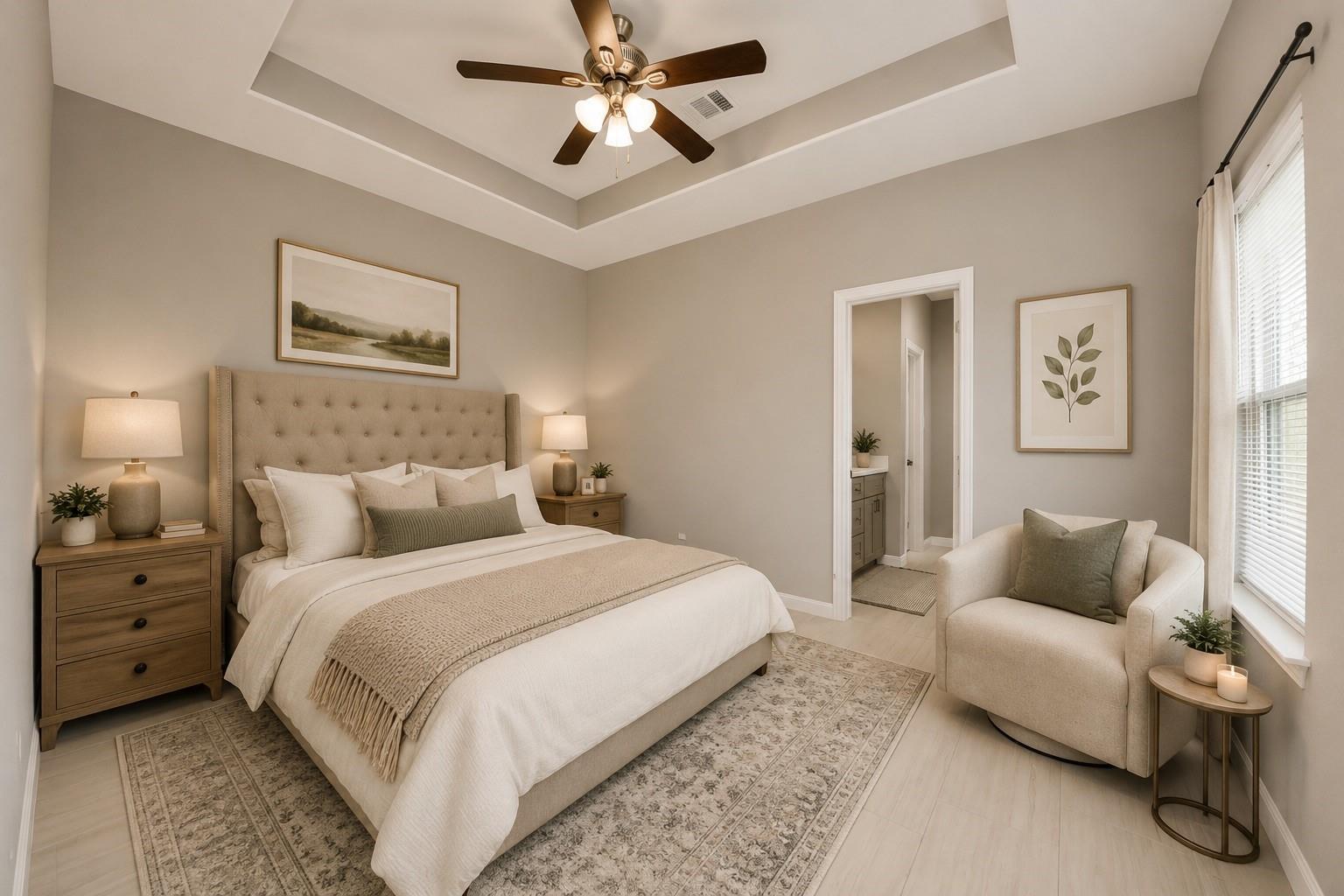 Staged bedroom with an upholstered bed, tray ceiling, ceiling fan, and chair beside a window.