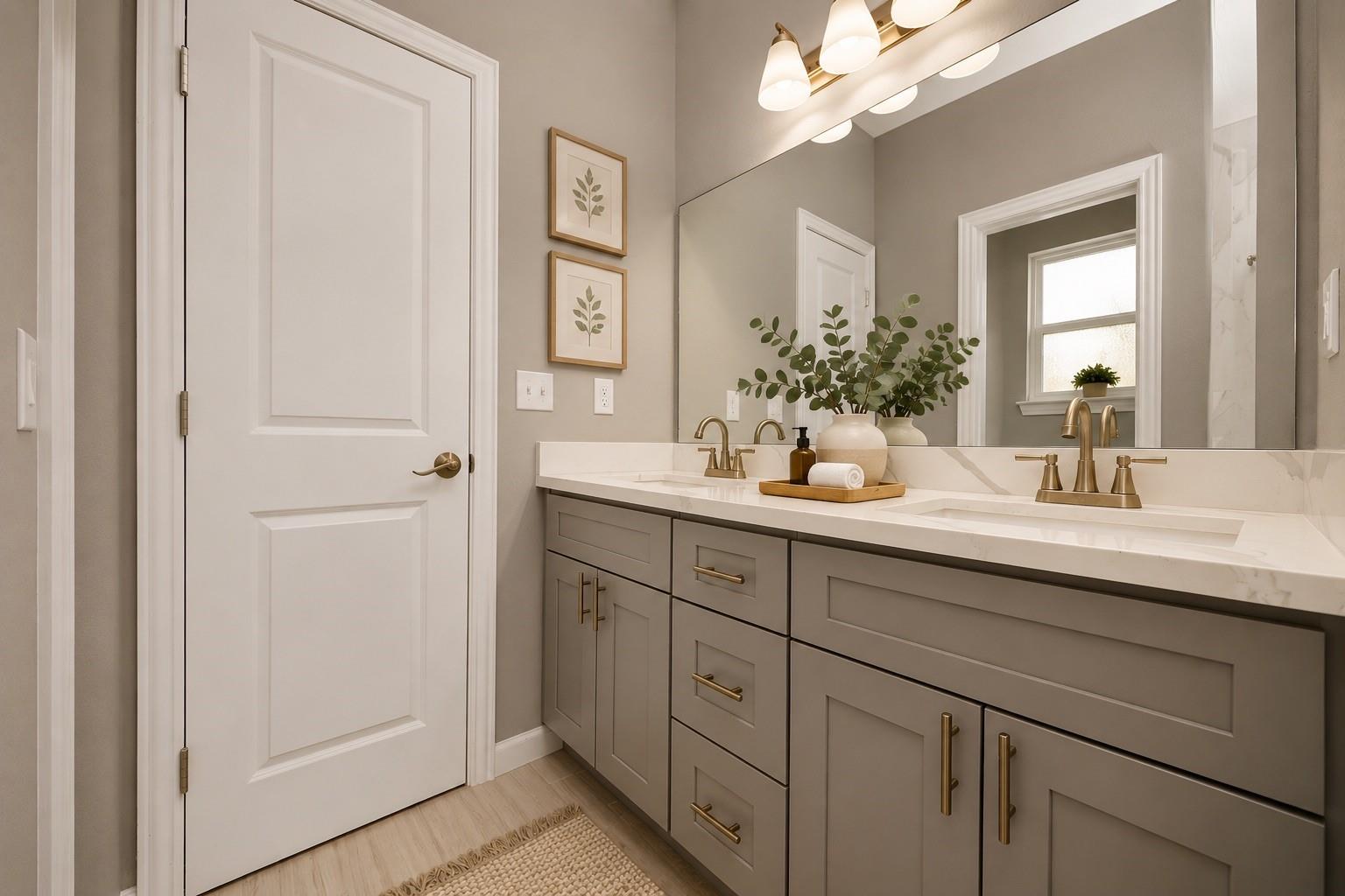 Bathroom with double vanity, gray cabinetry, brass fixtures, and a large wall mirror.
