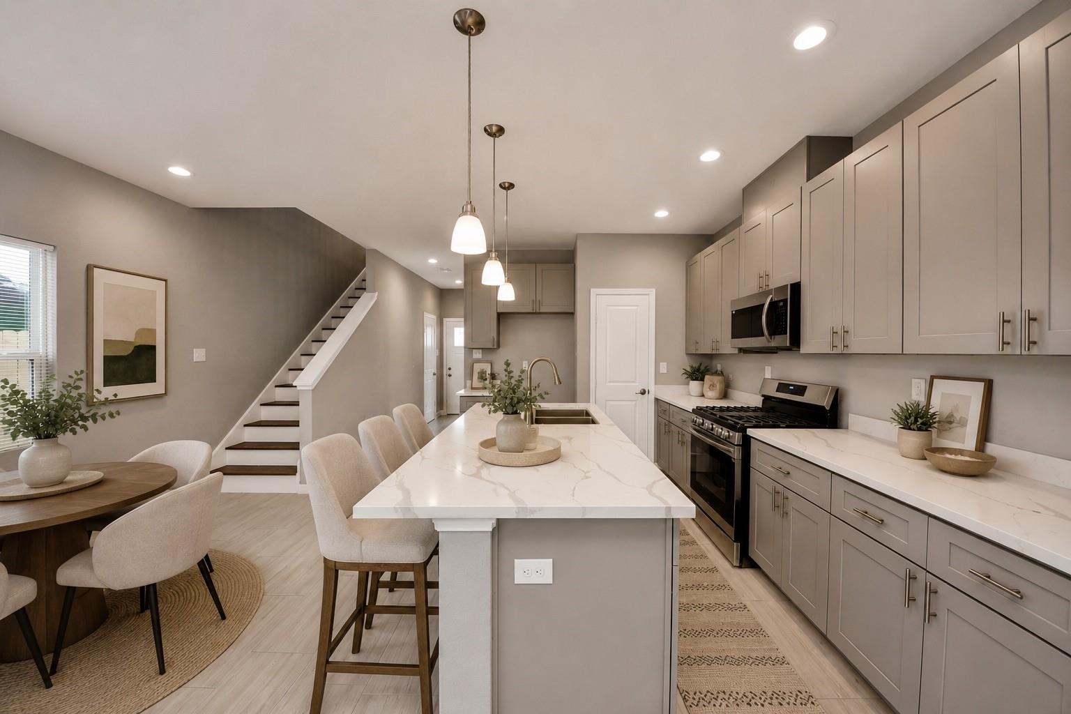 Open-plan kitchen with a large island, gray cabinets, stainless steel appliances, and a staircase.