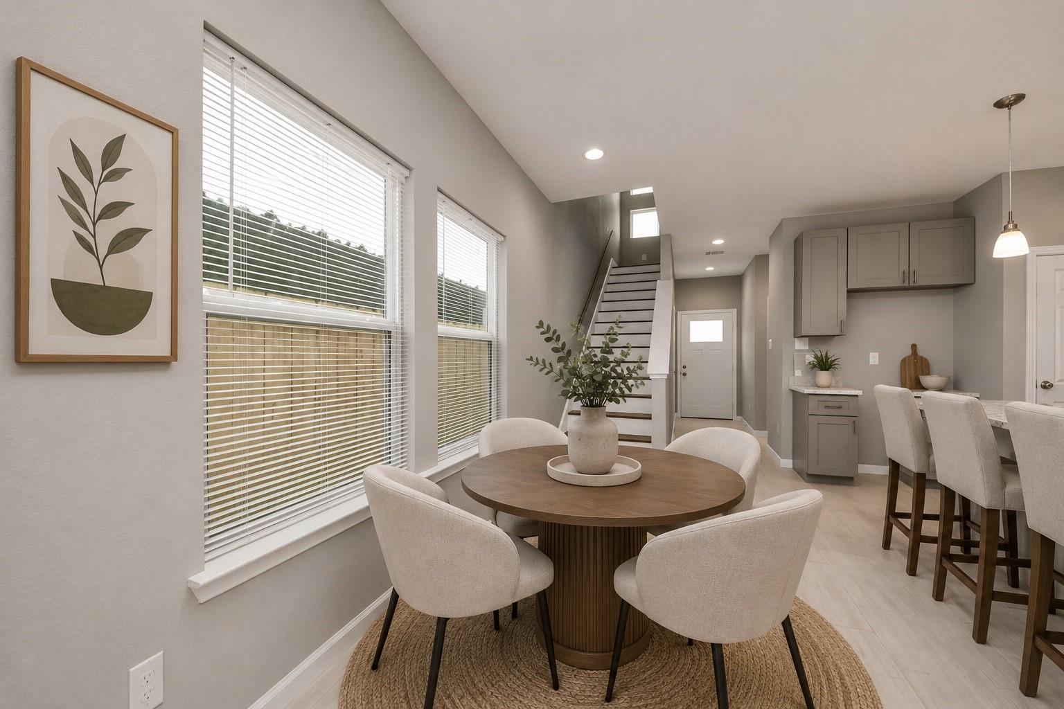 Dining area with a round wood table, large windows, and an open staircase beside the kitchen.