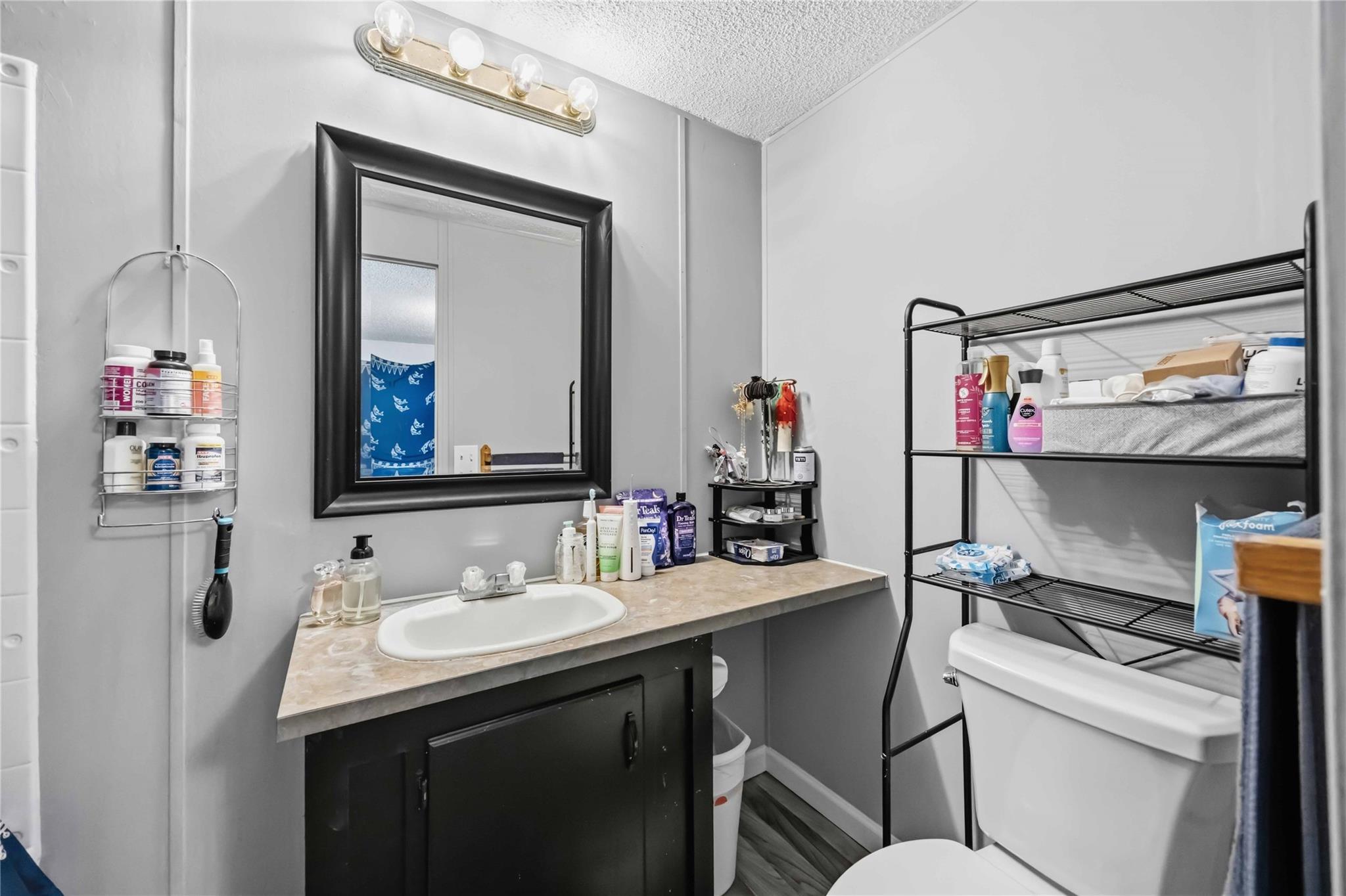 Bathroom with a single-sink vanity, large black-framed mirror, and freestanding storage rack.