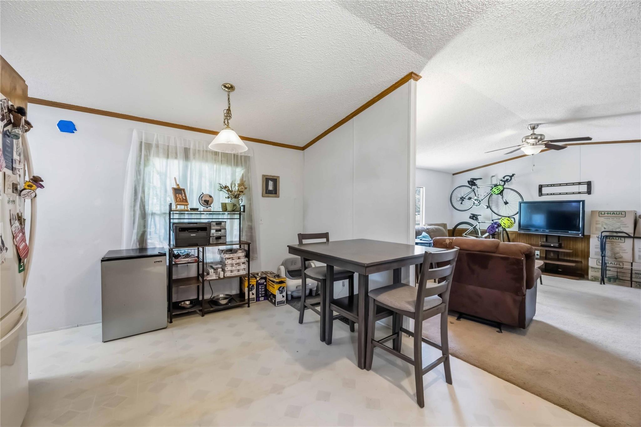 Dining and living area with a dark table, brown sofa, television, and bicycles mounted on the wall.