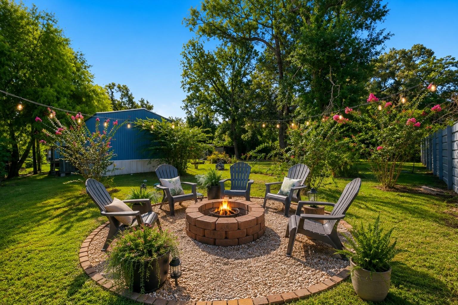 Backyard fire pit surrounded by Adirondack chairs, flowering shrubs, and string lights.