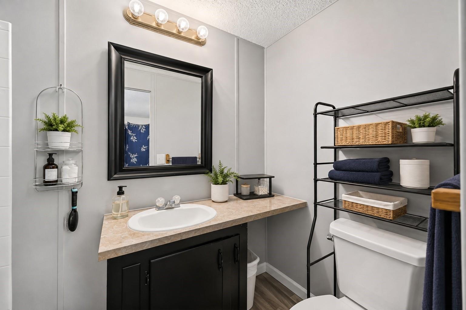 Bathroom vanity with a black-framed mirror beside a toilet and open shelving.