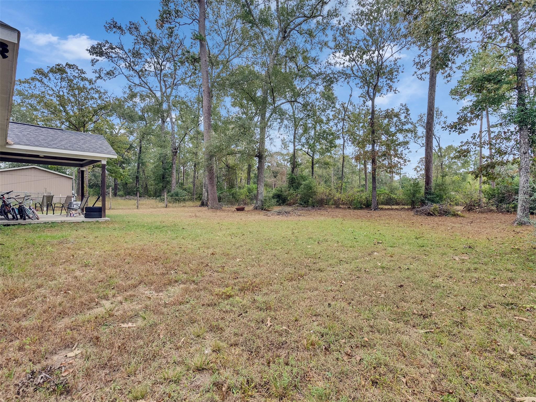 Grassy backyard bordered by mature trees, with a covered patio and outbuilding at left.
