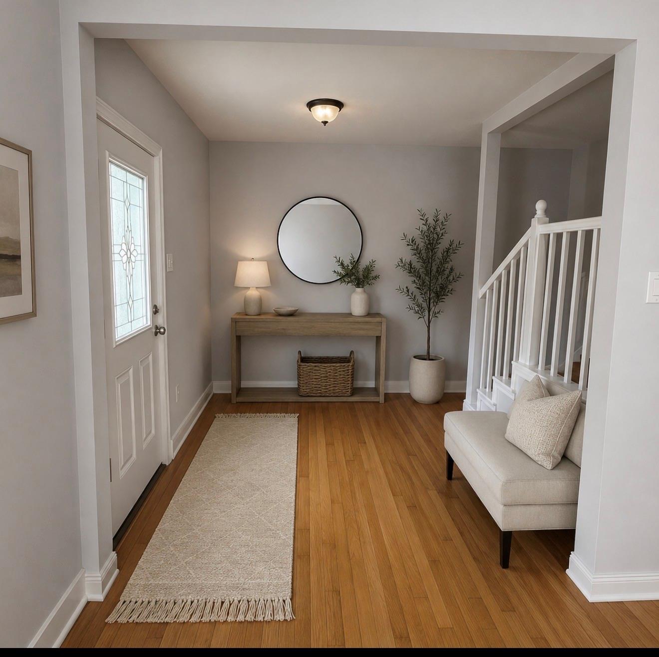 Entry foyer with warm wood floors, a glass-panel door, console table, and white staircase.