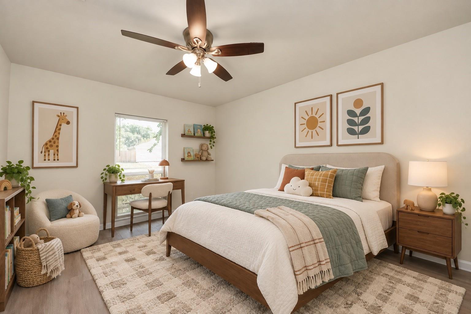 Bedroom with a large bed, sage-green bedding, and a desk beside the window.