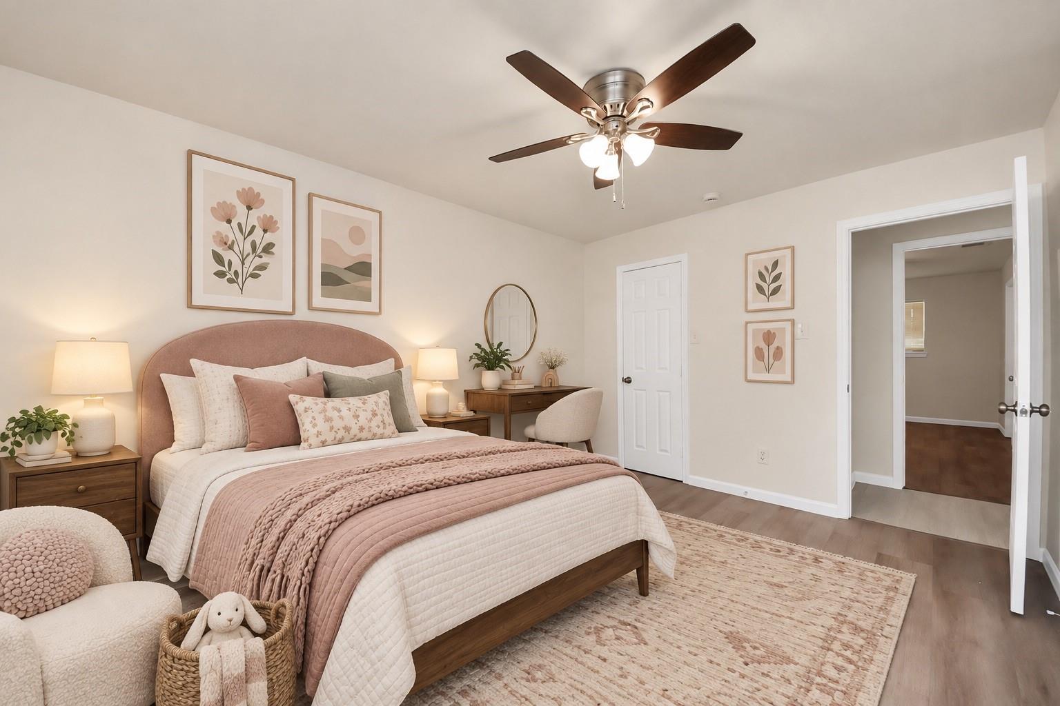 Staged bedroom with a blush upholstered bed, layered pink bedding, floral art, and an open doorway to the hall.