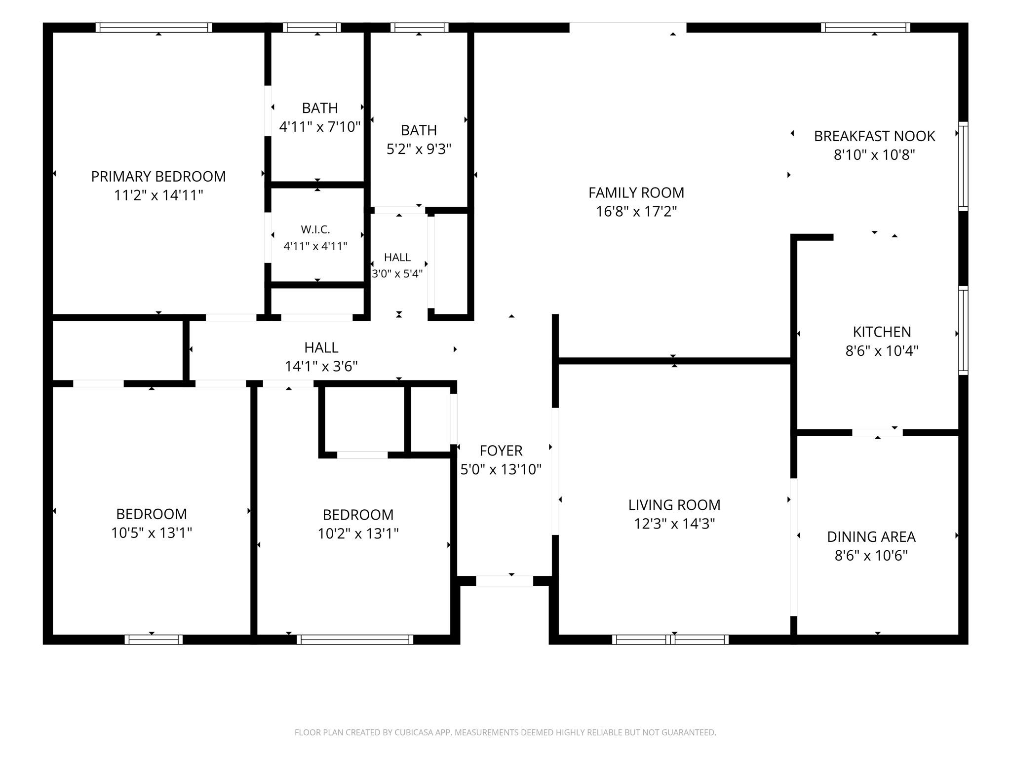 Three-bedroom floor plan with two baths, family and living rooms, kitchen, dining area, and foyer.
