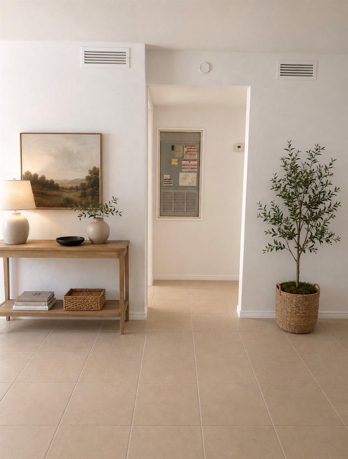 Apartment entryway with beige tile floors, a console table, framed art, and a potted tree.