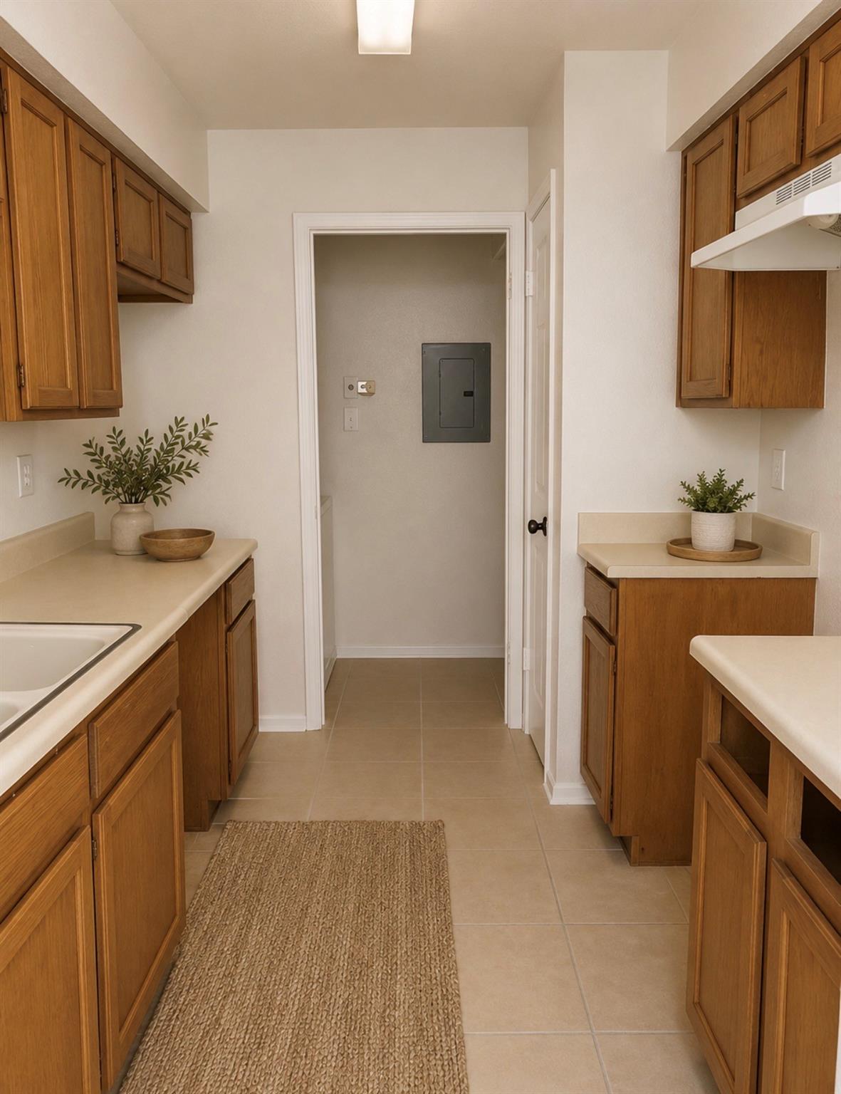 Galley kitchen with wood cabinets, beige counters, tiled floor, and a doorway at the far end.