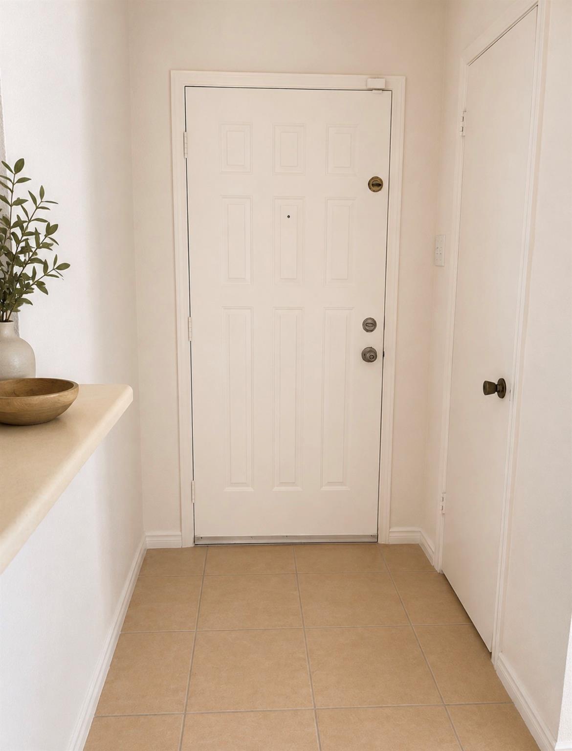 Entryway with a white paneled front door, beige tile floor, and console with a plant.