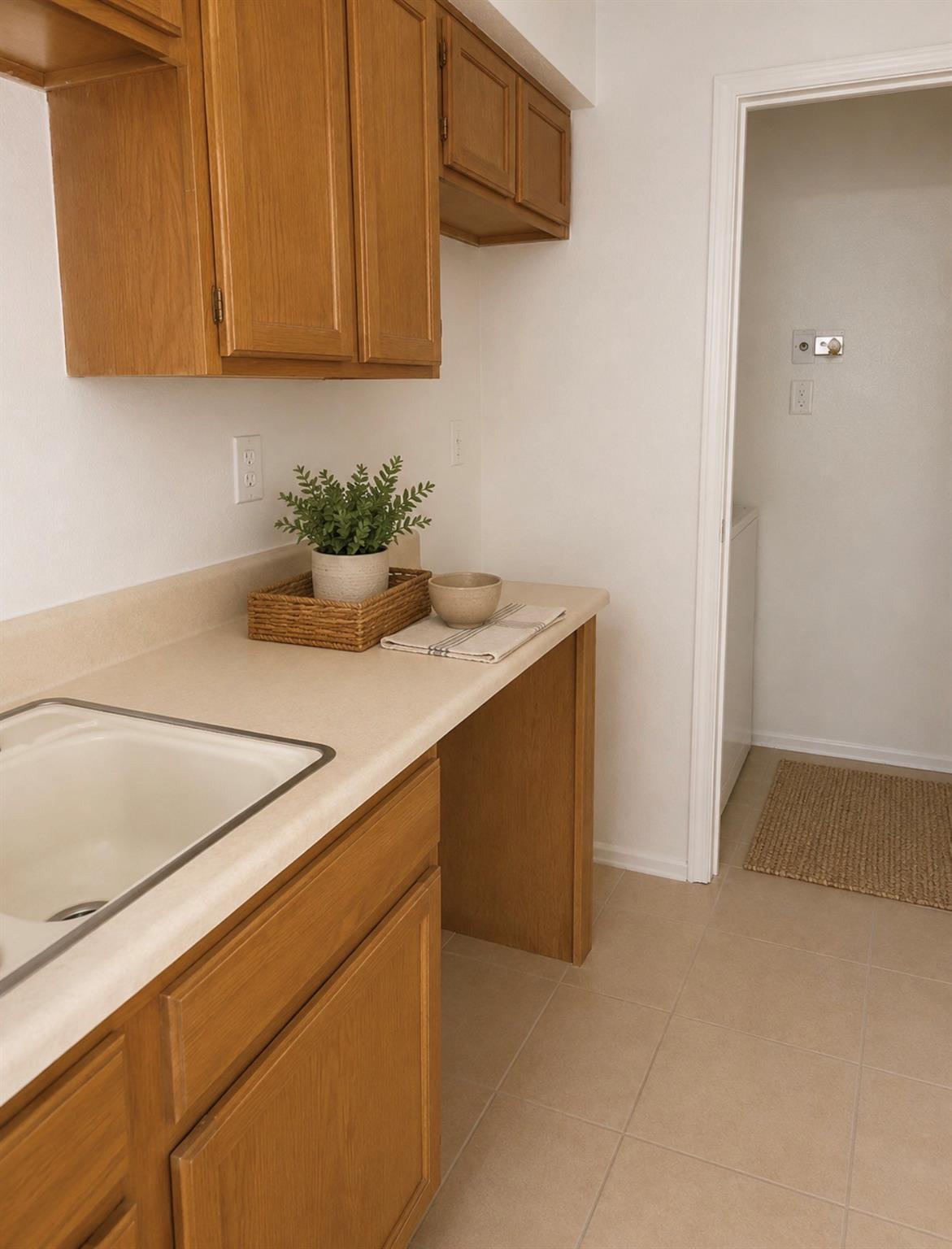 Laundry area with a deep sink, wood cabinets, and washer hookups through the doorway.