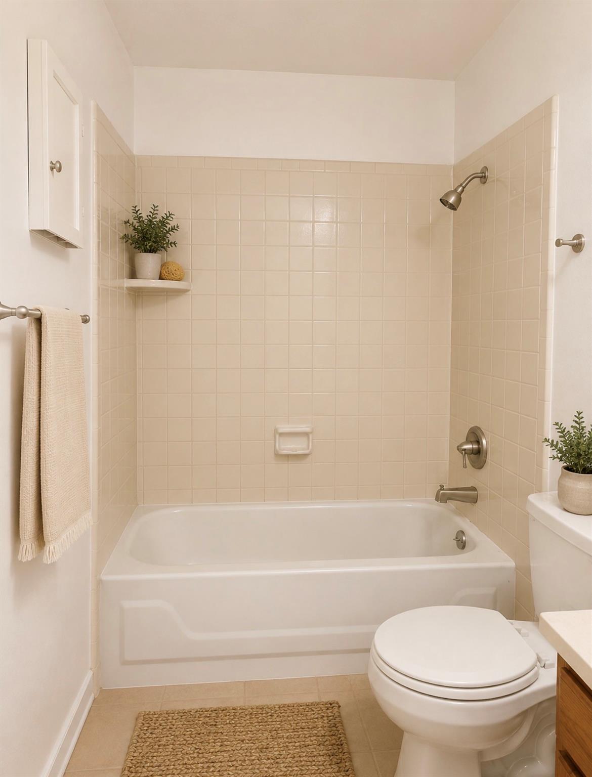 Bathroom with a tiled tub-shower, toilet, and neutral decor.