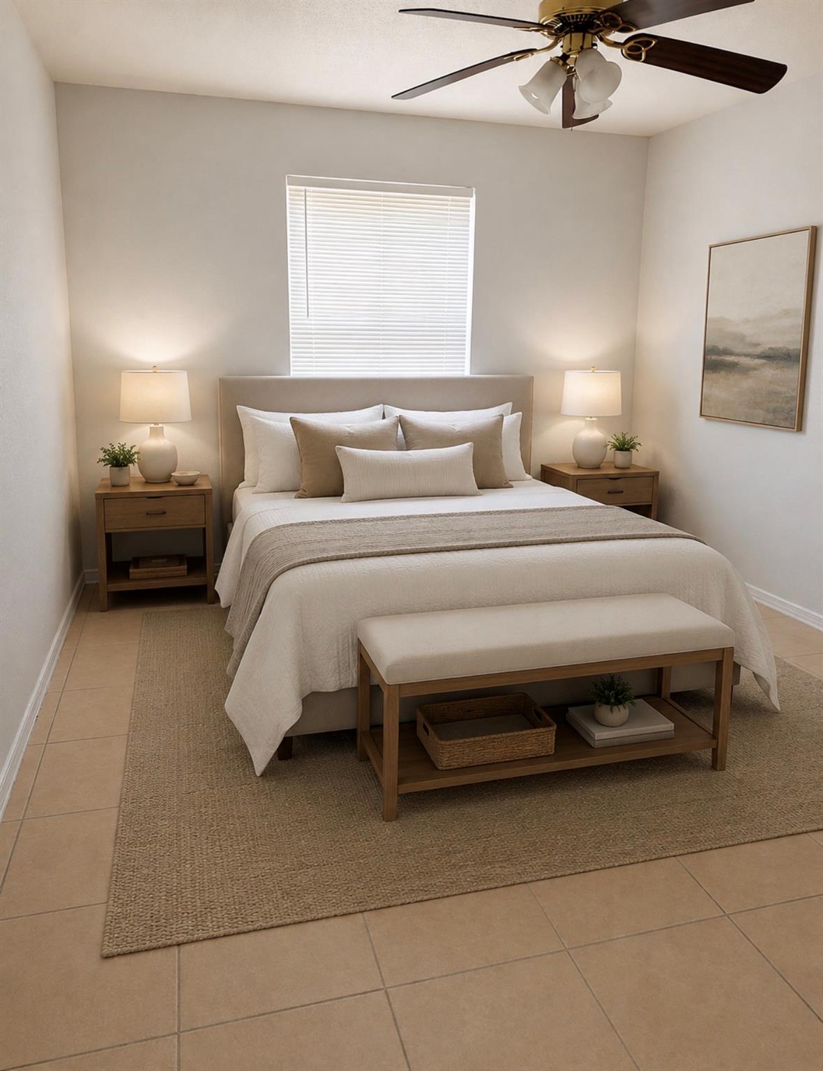 Bedroom with a neatly made bed, matching nightstands, and a wooden bench beneath a ceiling fan.