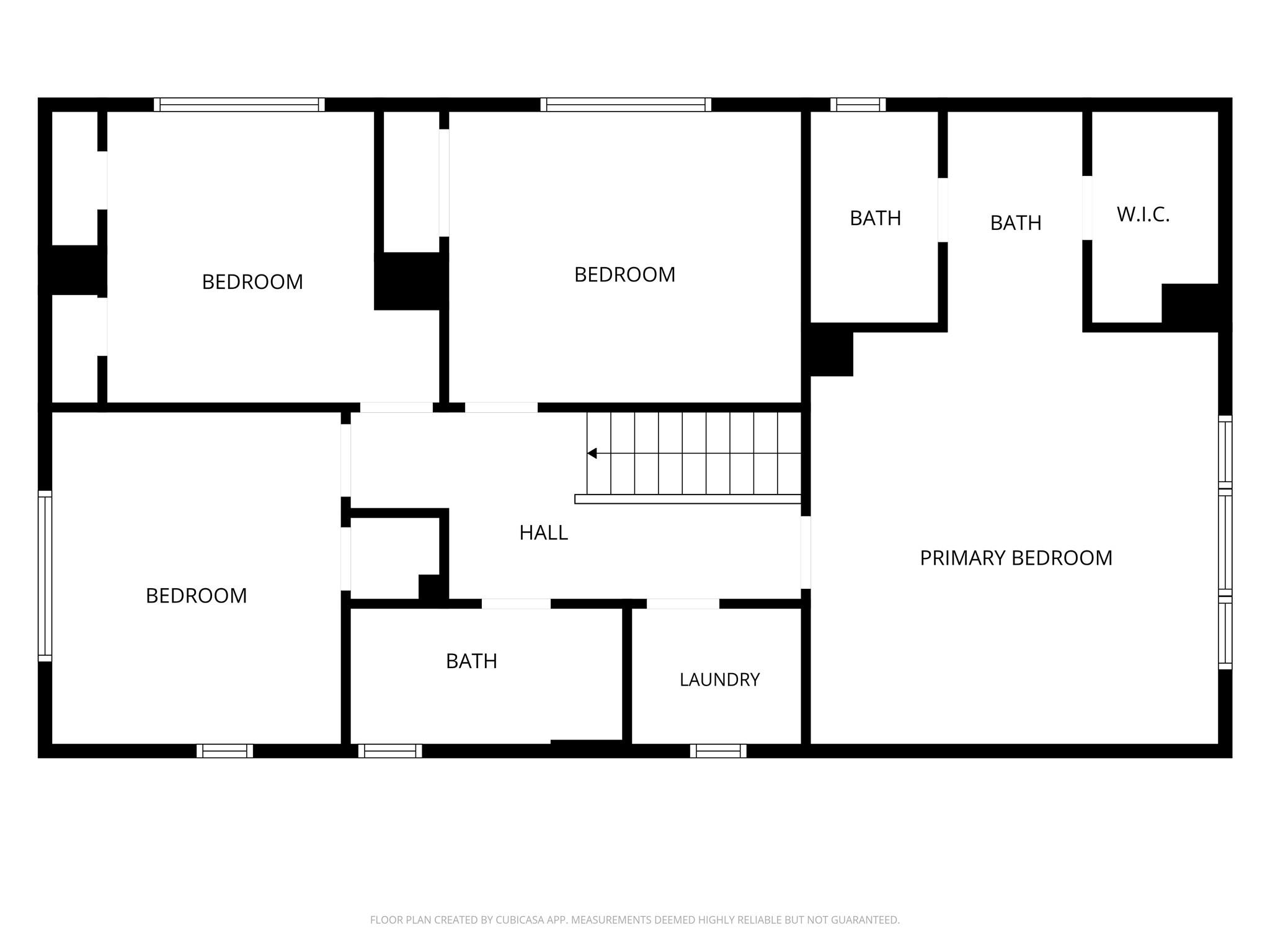 Floor plan showing four bedrooms, three bathrooms, a walk-in closet, hall, laundry room, and stairs.