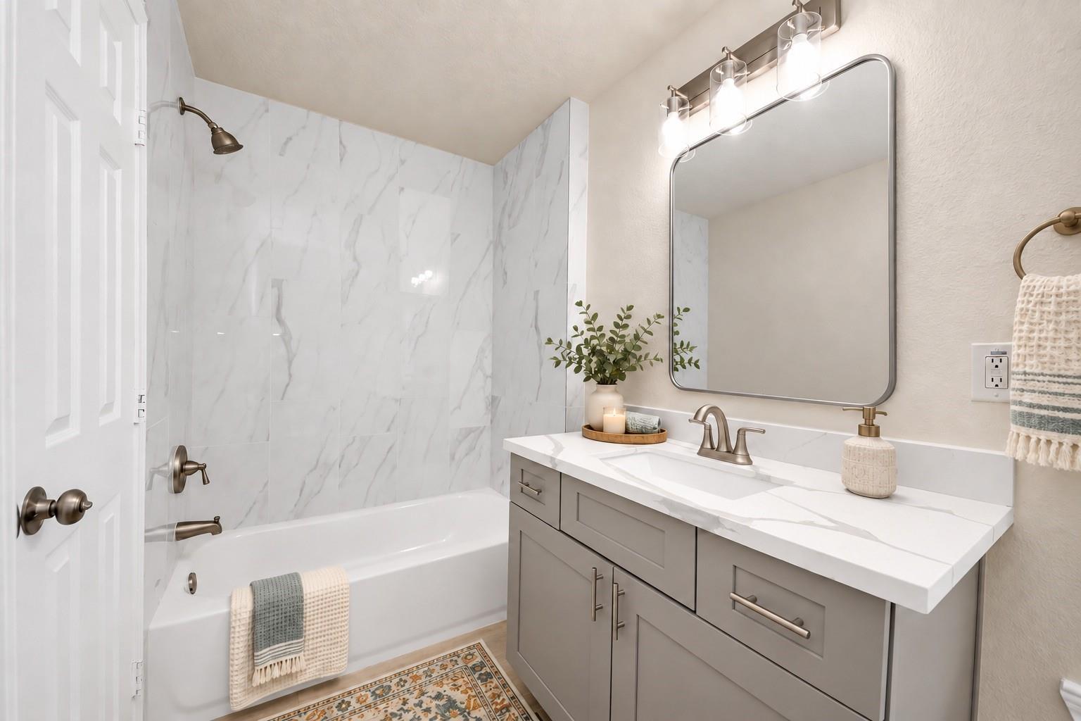 Bathroom with marble-look tub surround, gray vanity, and large mirror.
