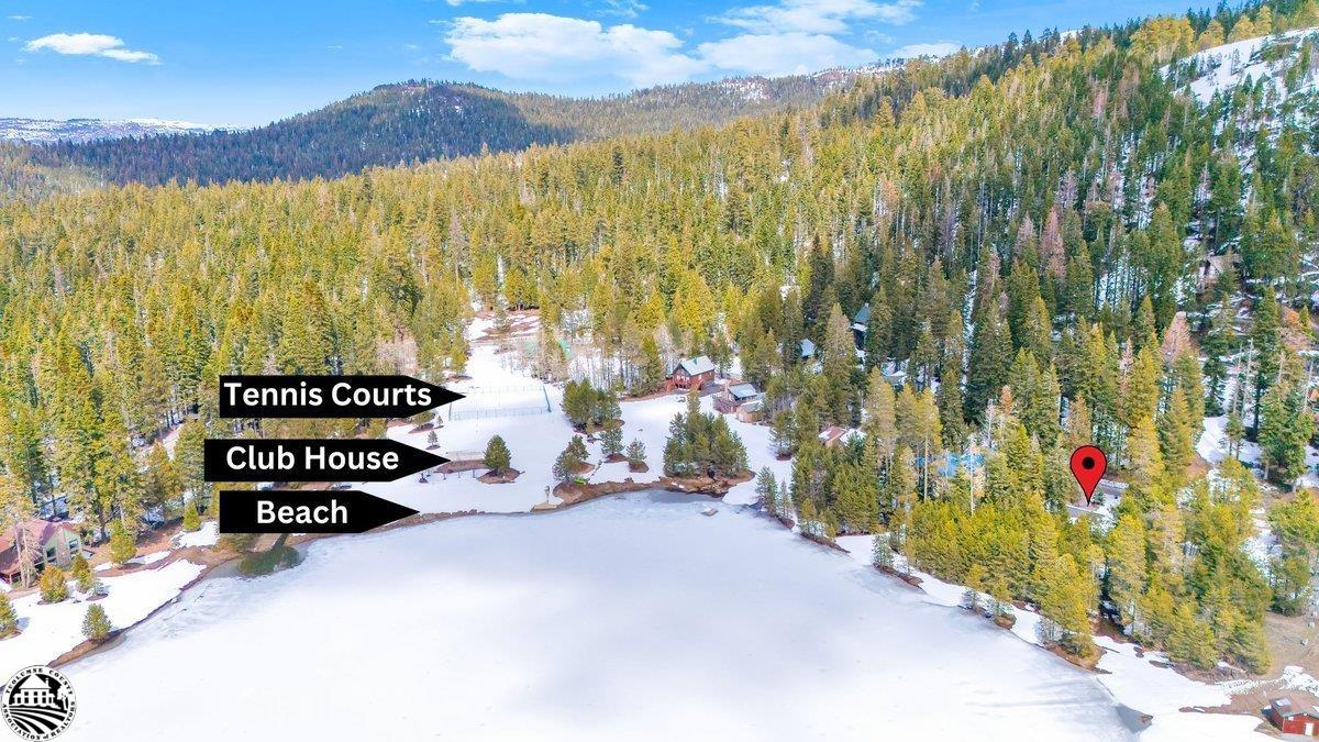Aerial view of a snowy lakeside community with forested mountains, tennis courts, and a red property marker.