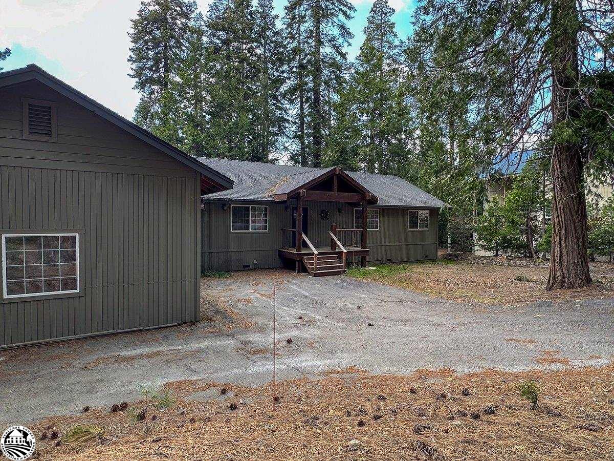 Dark gray cabin-style home with a covered porch, paved driveway, and tall evergreens.