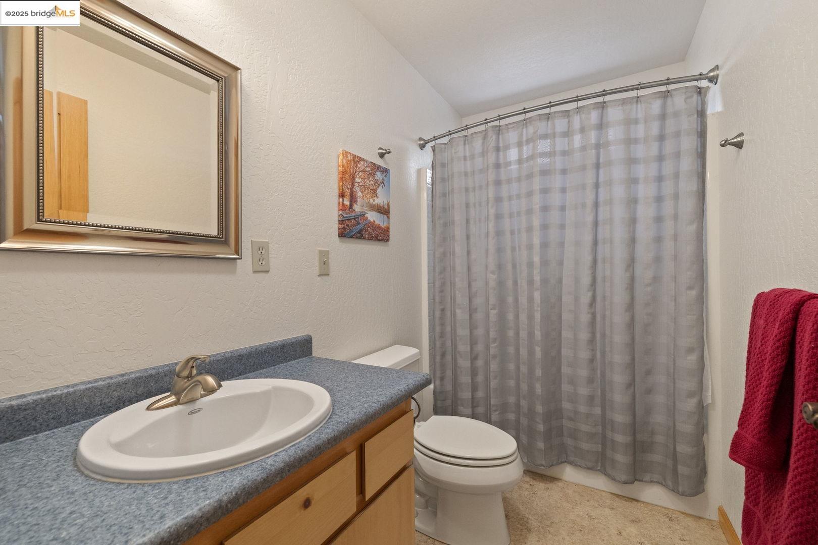 Bathroom with a blue-gray vanity countertop, white sink, and gray plaid shower curtain.