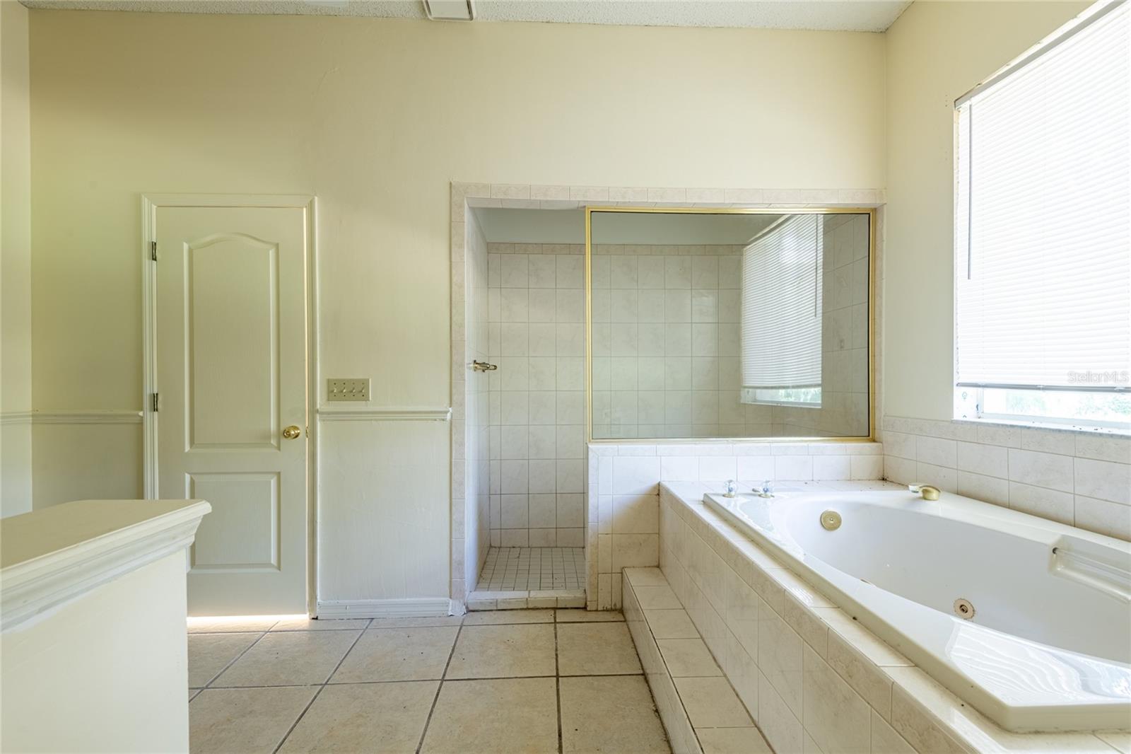 Bathroom with a built-in soaking tub, tiled shower, large mirror, and window blinds.