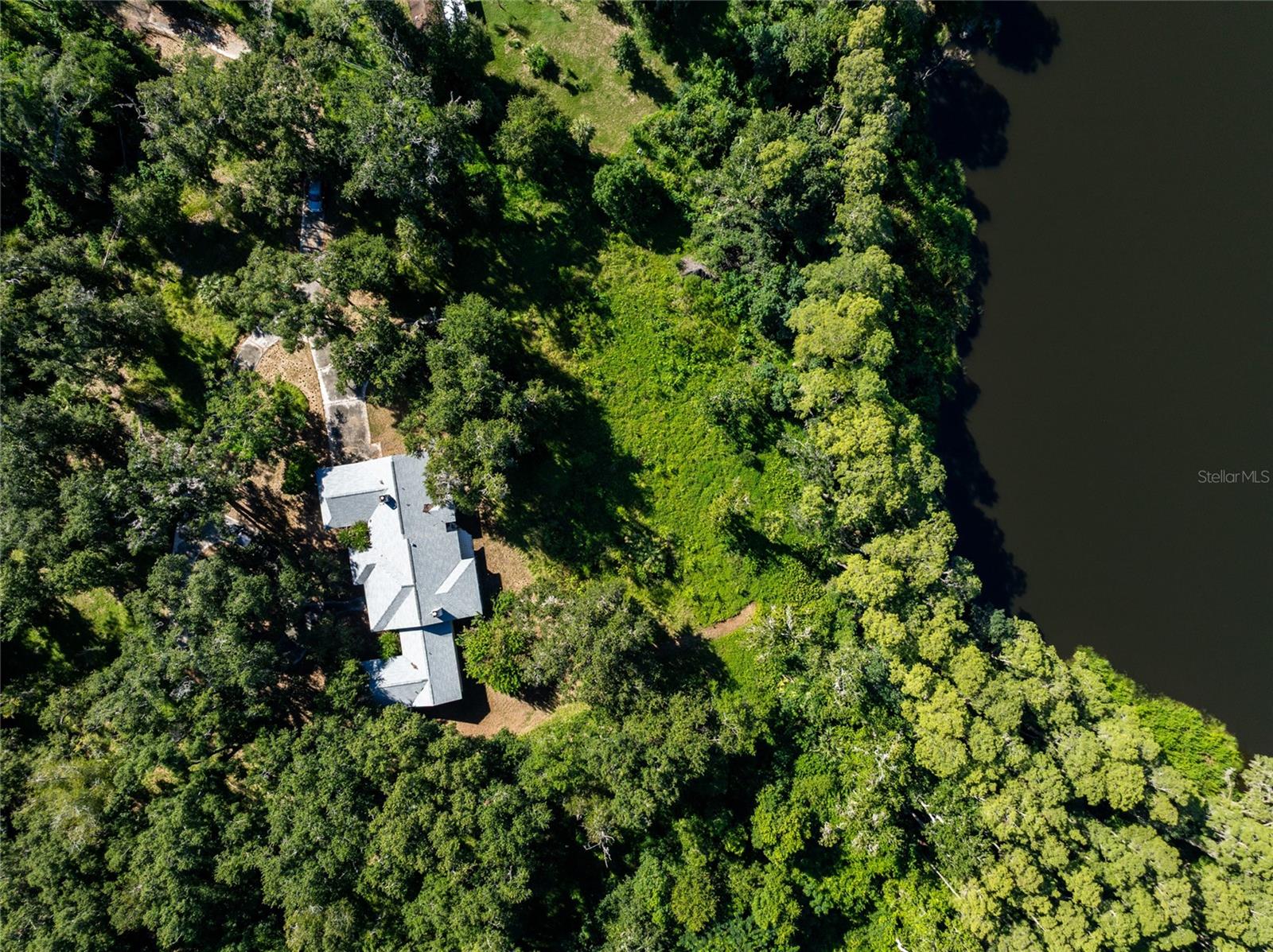 Aerial view of a wooded waterfront property with a house beside a grassy clearing.