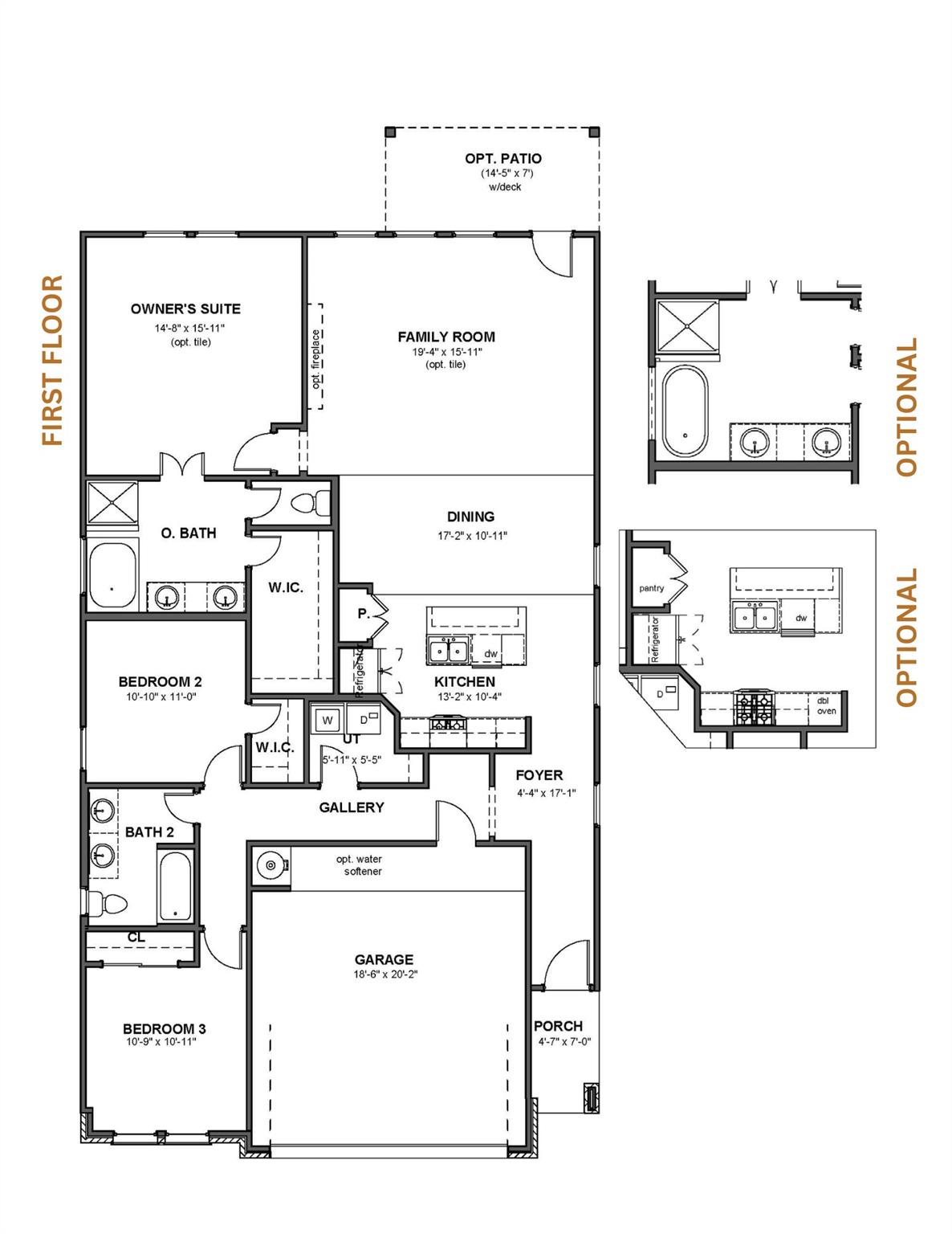 First-floor home plan with three bedrooms, garage, family room, kitchen, and optional patio and layouts.