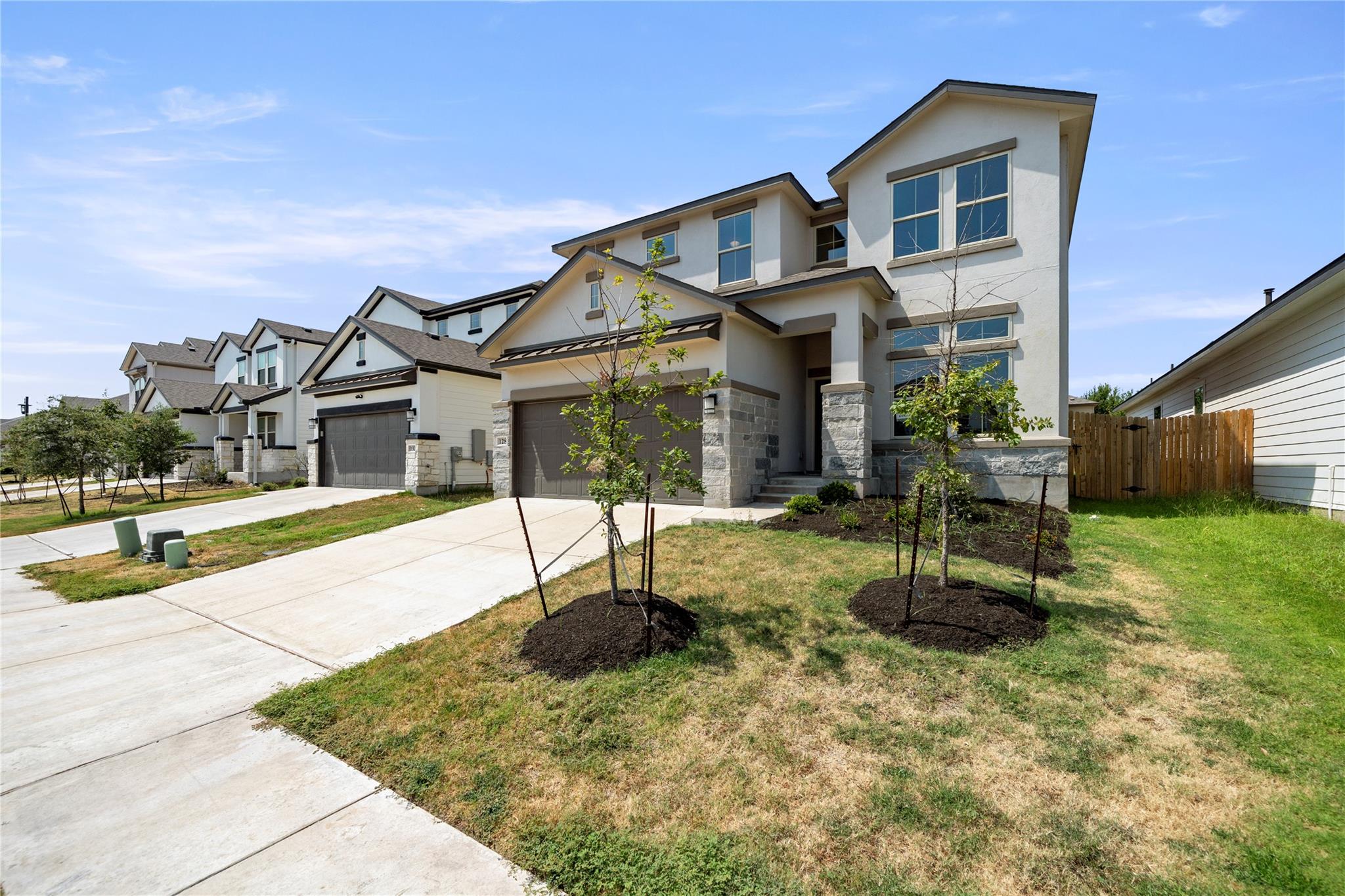 Two-story home with stone accents, an attached garage, and young trees in the front yard.