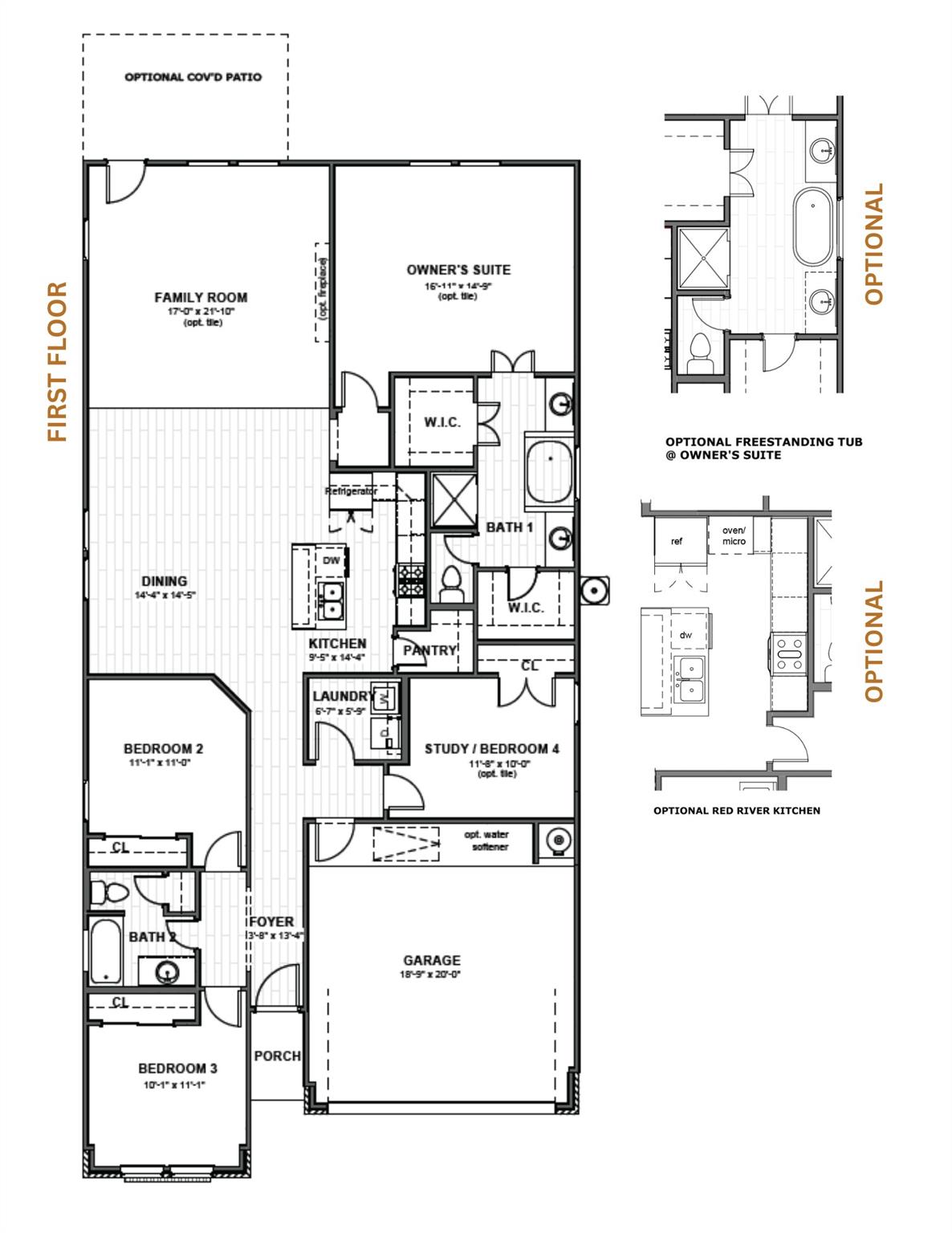 First-floor plan with an owner's suite, three bedrooms, study, open living area, garage, and optional layouts.