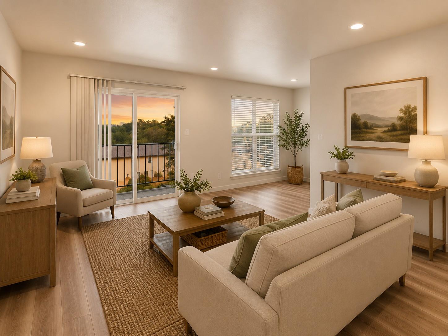 Staged living room with cream sofas and a balcony view of trees at sunset.