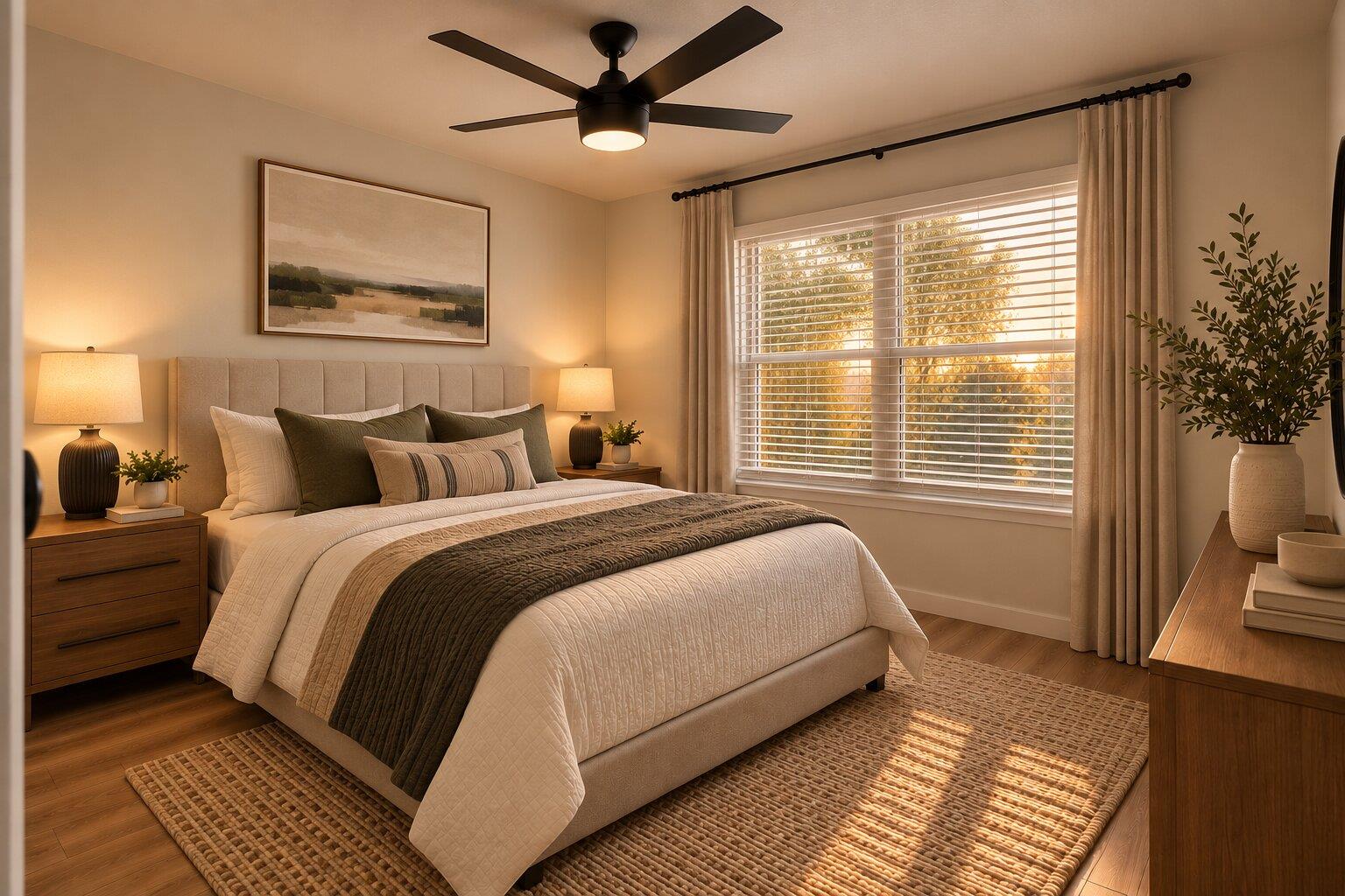 Furnished bedroom with a large upholstered bed and warm sunlight streaming through a broad window.