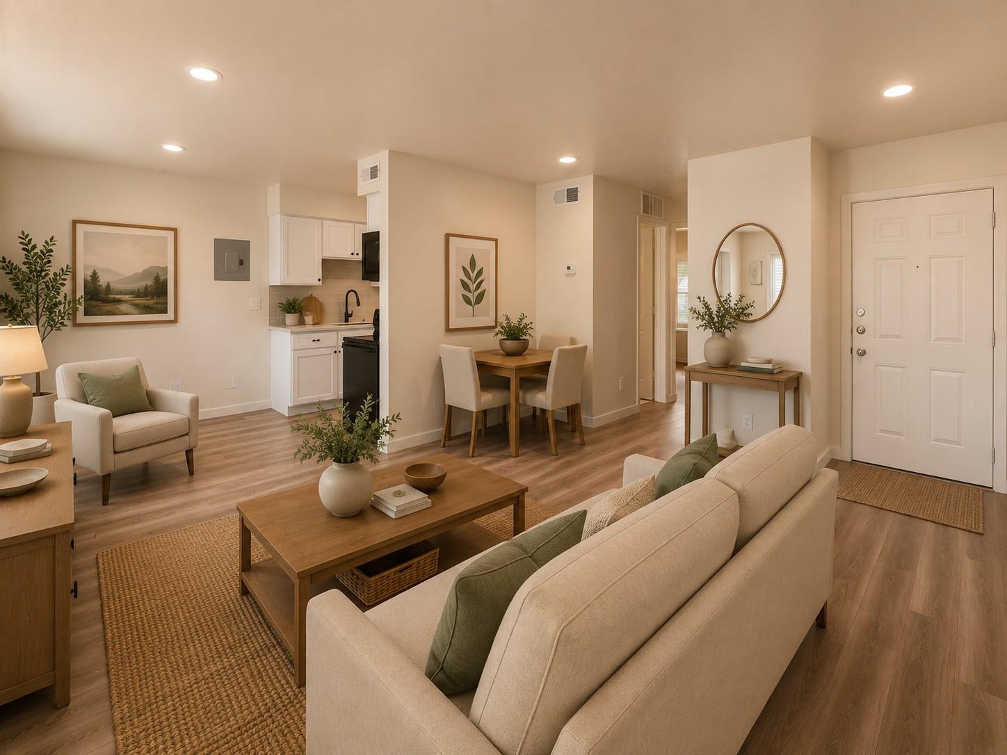 Open-plan living room with neutral seating, wood flooring, and a dining table beside the kitchen.