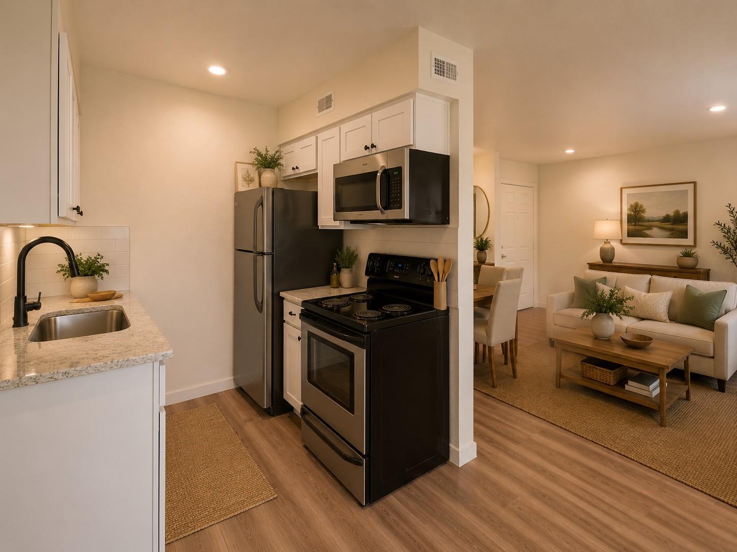 Kitchen with dark appliances and stone counters opening onto a furnished living and dining area.