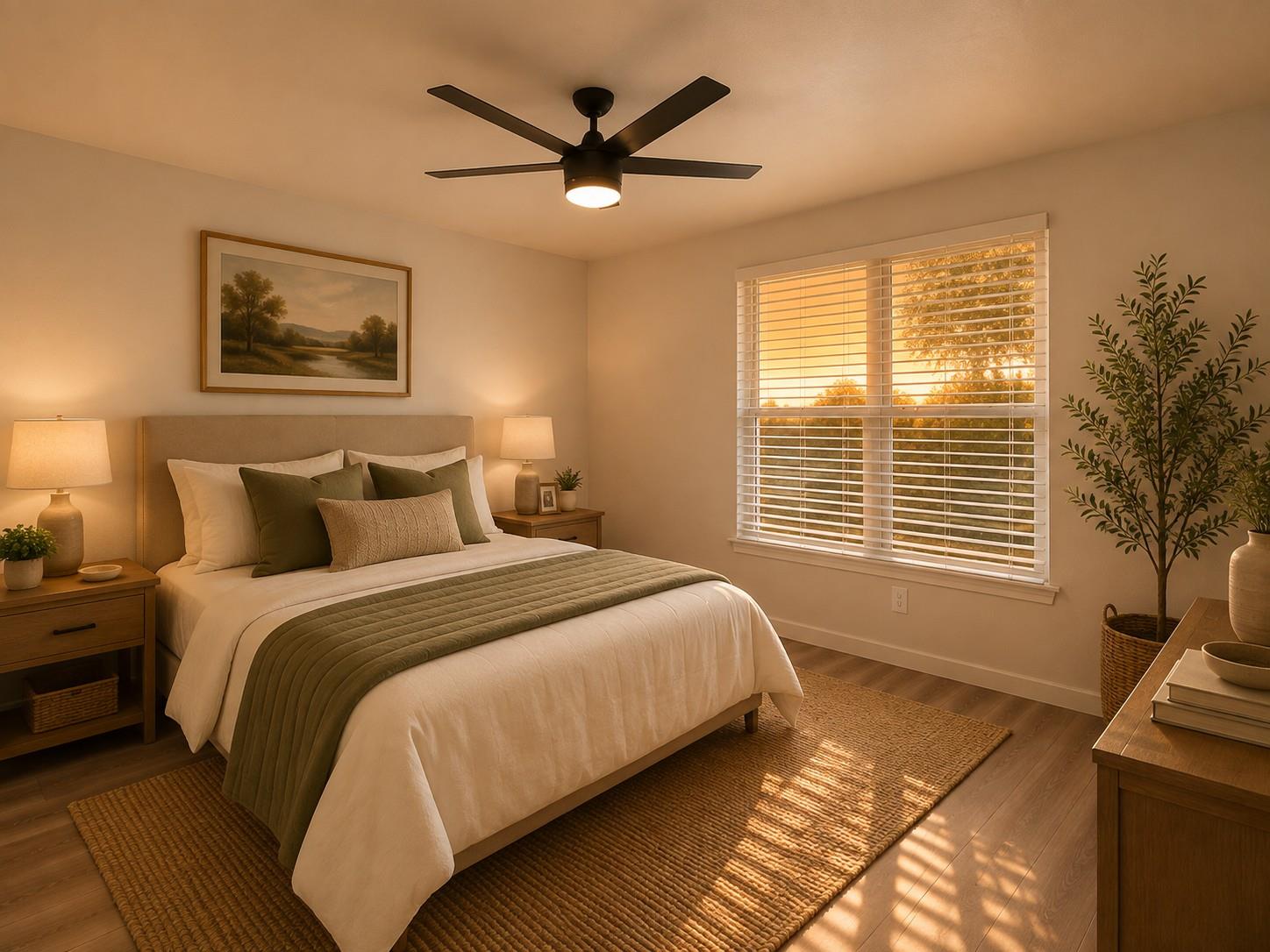 Furnished bedroom with a white bed, olive-green throw, ceiling fan, and warm sunlight through window blinds.